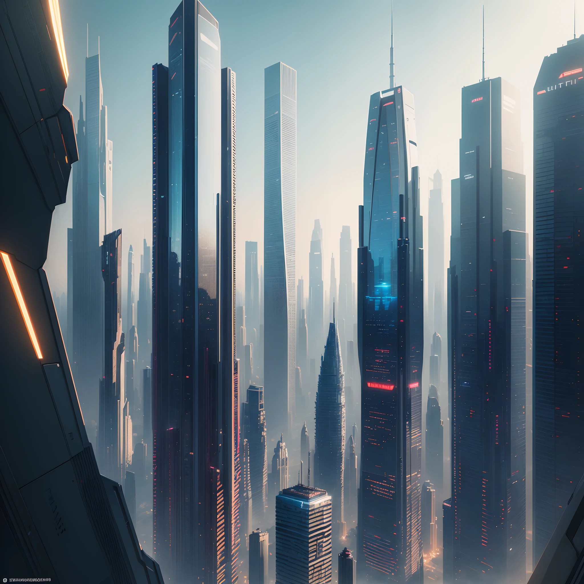 (Best Quality, 8K, Ultra-detailed:1.2), Futuristic cityscape of towering skyscrapers, Cyberpunk, Sci-Fi Art, Earth, A futuristic world, masutepiece, Glass skyscraper, Imaginative, 10 times taller buildings, Vivid colors, Dramatic Lighting