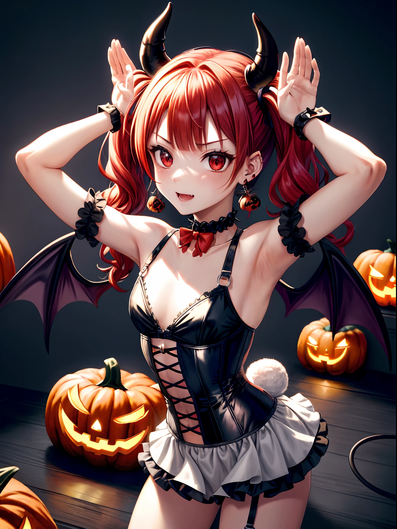 ((masutepiece, Best Quality:1.2)), Official art, (Fractal Art:1.1), Solo ((rabbit pose:1.4)), ((Red-haired, shorttwintail, Black wings of the little devil on the back, Succubus:1.2)), BREAK, (Beautiful Anime Face, Funny face、cute face, Detailed face), Red Eyes, Jewelry, earrings,((short twintails)), Piercing, ((Detailed Halloween Bikini, Intimidating corset choker,Little Devil's Tail:1.1)), nice appearance, detailed clothes, ((Halloween Mini Skirt)), ((small tits)), with intensely mesmerizing red eyes、Happy Halloween Town Tonight、rabbit pose,Arms up、jack-o-lanterns, Arms up