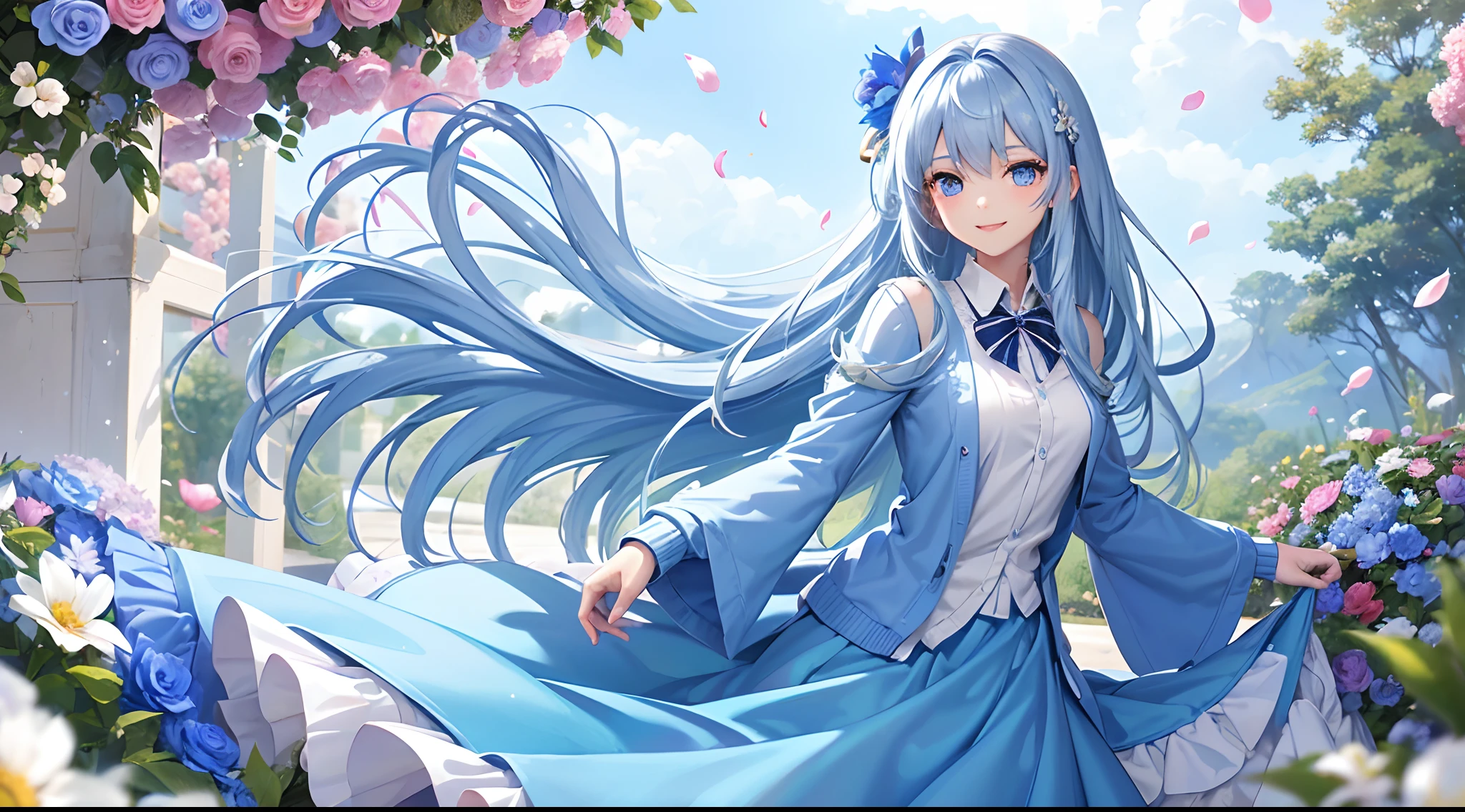 Best Quality, tmasterpiece, Cute girl at 18 years old, long light blue shiny hair, 独奏,Detailed blue eyes, Hill with a flower garden,Petals flutter,Dynamism, Super Smile,kindly smile, Long-sleeved cardigan, long skirt,Show your upper body,Shining sunlight,Blurry foreground