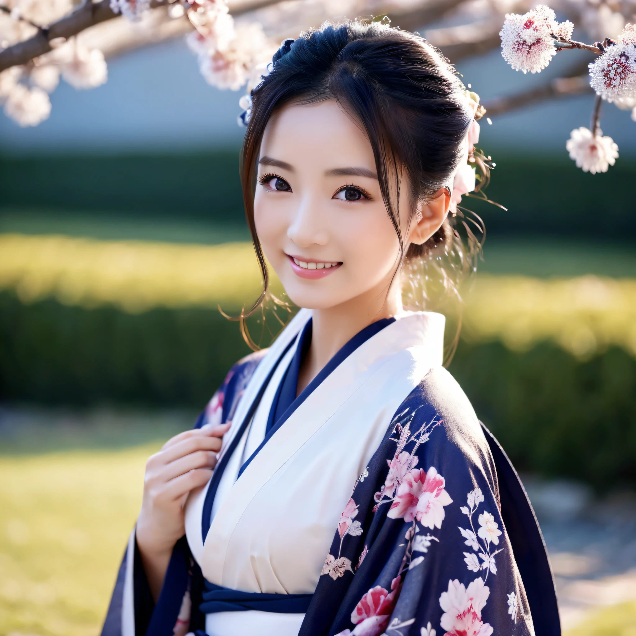 (Super beautiful woman in kimono)、((best qualtiy、8k masterpieces:1.3))、foco nítido:1.2、(ultra beautiful faces:1.0)、(shinny skin:1.0)、photos realistic、A dark-haired、Video Lighting、High-definition eyes and face、Video Lighting、Japanese actressl、from the front side、medium breasts、With a happy smile、Slender Abs Beauty、Whole body、wearing kimonos、In a snowy landscape