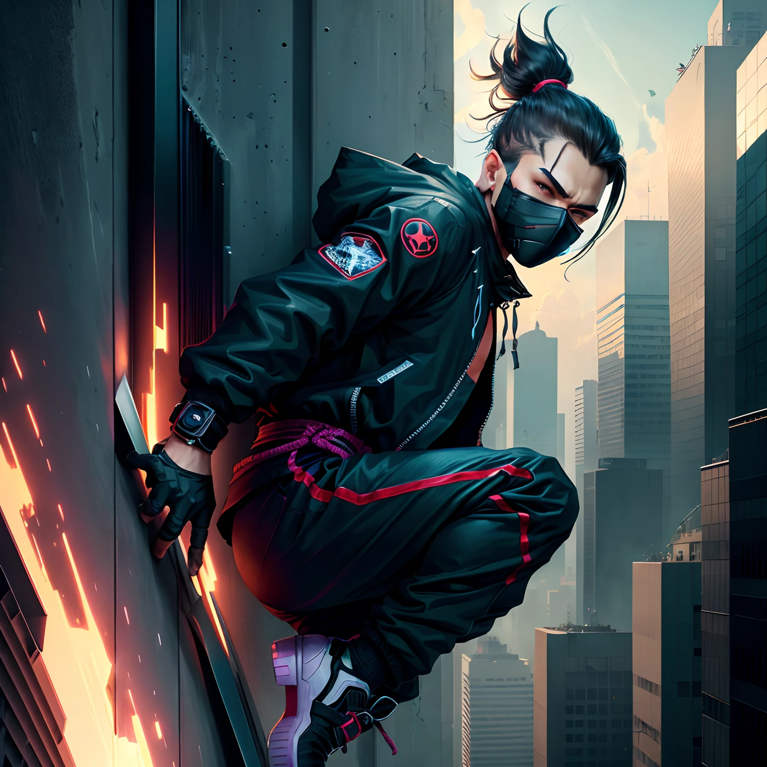 Ninja, jump form highest building, male, at cyber city, wear mask, black jacket, realistic, ultra high resolution, head down and lages up, top text says "NINJA"