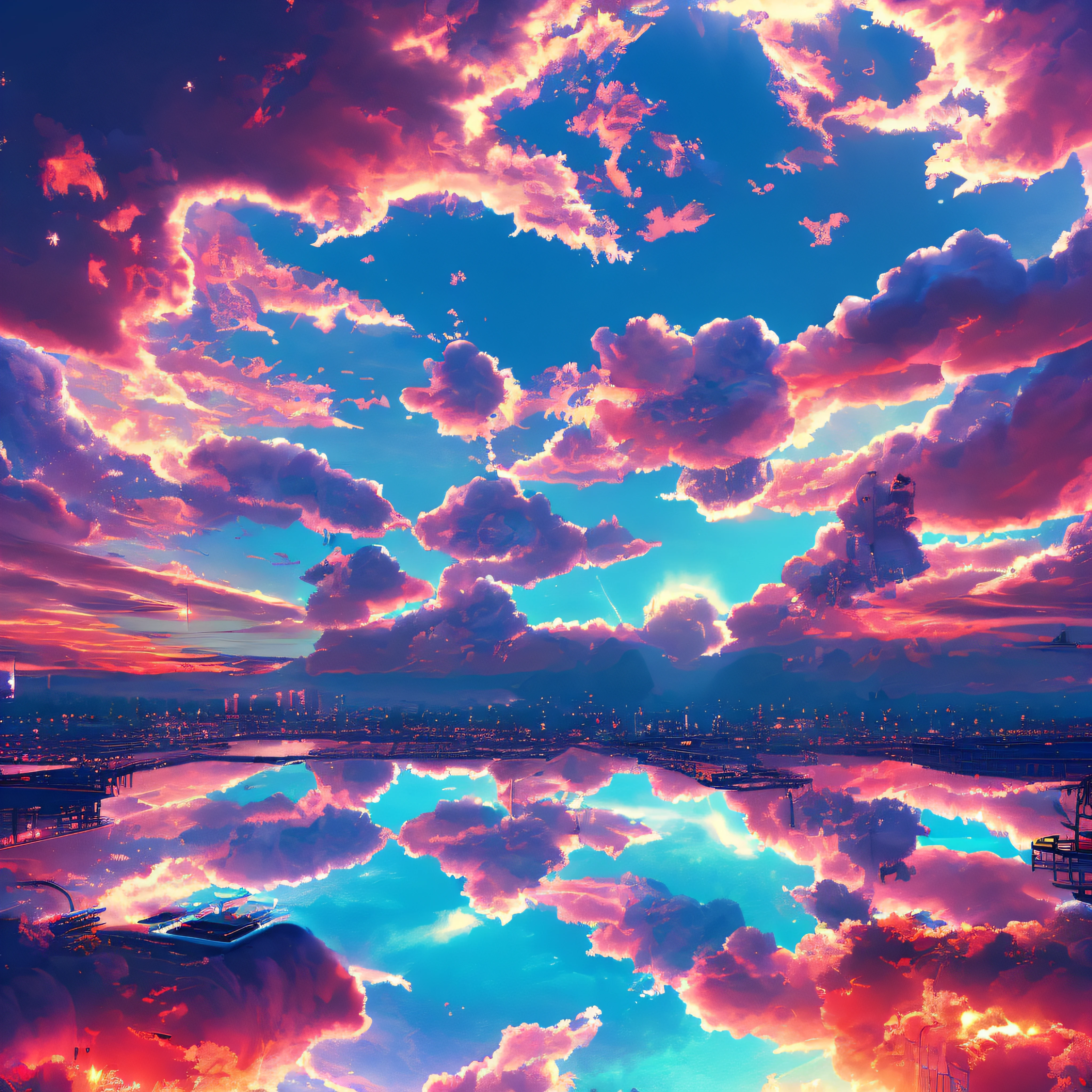 Heaven if it were cyberpunk, volumetric, neon, clouds, bright lights, angelic, beautiful scenery