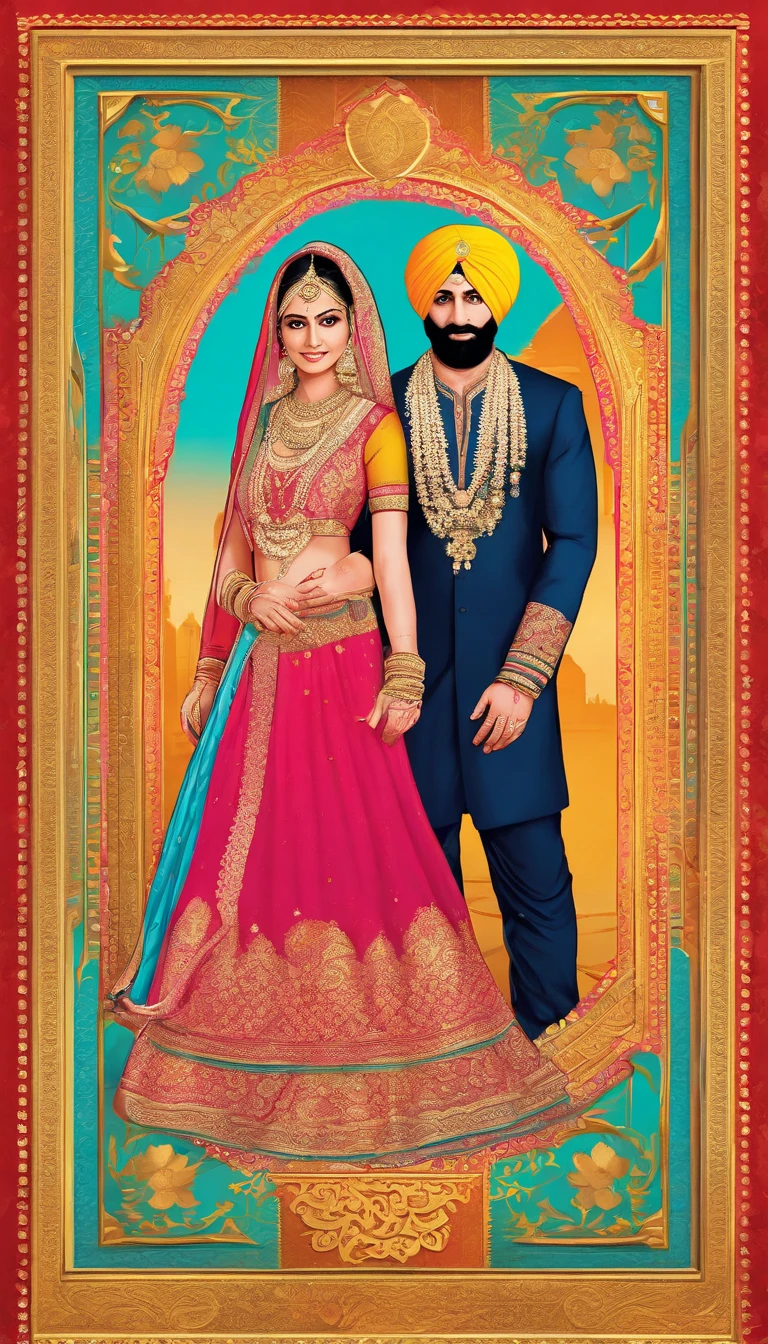 make a frame embosed with golden borders, indian style, a sikh bride and groom at the bottom and paper texture in between
