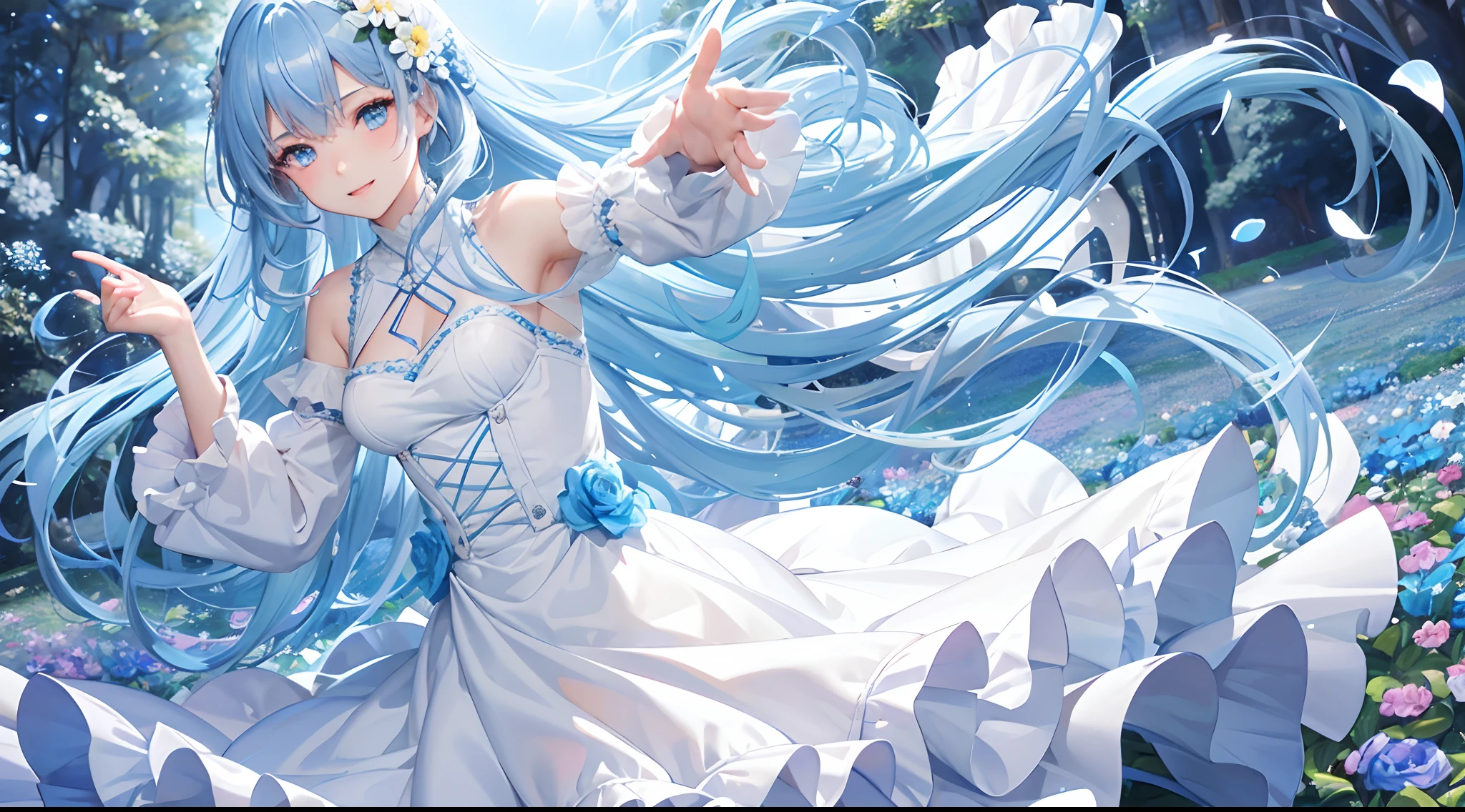 Best Quality, tmasterpiece, Cute girl at 18 years old, long light blue shiny hair, e Blue Eyes, flower field,Dynamism,dance, Gentle face,kindly smile, Wearing a floral long-sleeved ruffled blouse, Show your upper body, Shining sunlight,