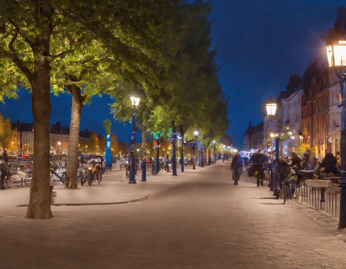 (tactical urbanism:1.1, river side pedestrianized street,blue cycle path,diverse pedestrian crossings,tree planting,street furniture,cityscape,night lights,vibrant colors,modern design)