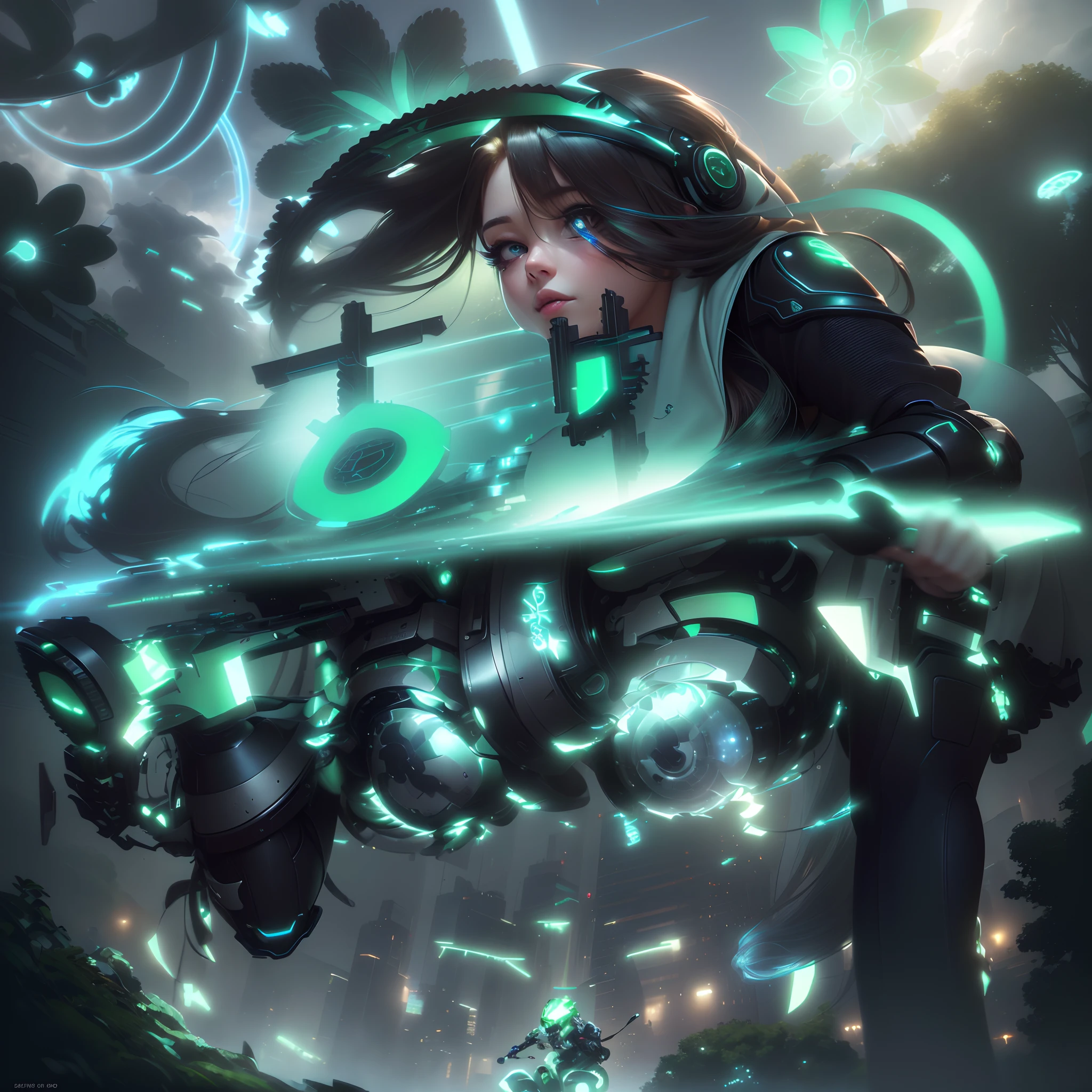 Highest image quality, Outstanding details, Ultra-high resolution, (Realism: 1.4), The best illustration, favor details, highly condensed 1girl, with a delicate and beautiful face, dressed in a black and green mecha, wearing a mech helmet, holding a directional controller, Riding on a motorcycle, the background is a high-tech lighting scene of the city of the future. hyper-realistic illustration, hyperrealistic rendering, clean digital render, photo realistic render, hyper-realistic illustration