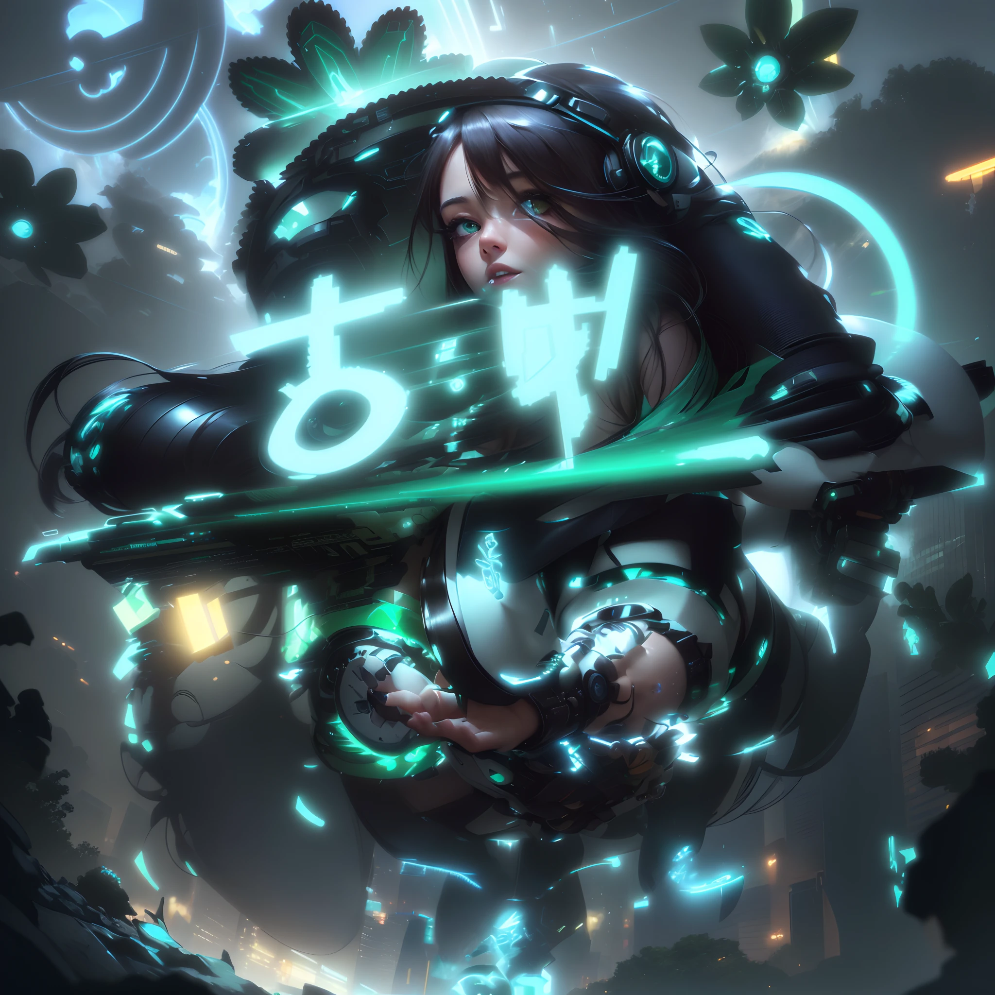 Highest image quality, Outstanding details, Ultra-high resolution, (Realism: 1.4), The best illustration, favor details, highly condensed 1girl, with a delicate and beautiful face, dressed in a black and green mecha, wearing a mech helmet, holding a directional controller, Riding on a motorcycle, the background is a high-tech lighting scene of the city of the future. hyper-realistic illustration, hyperrealistic rendering, clean digital render, photo realistic render, hyper-realistic illustration