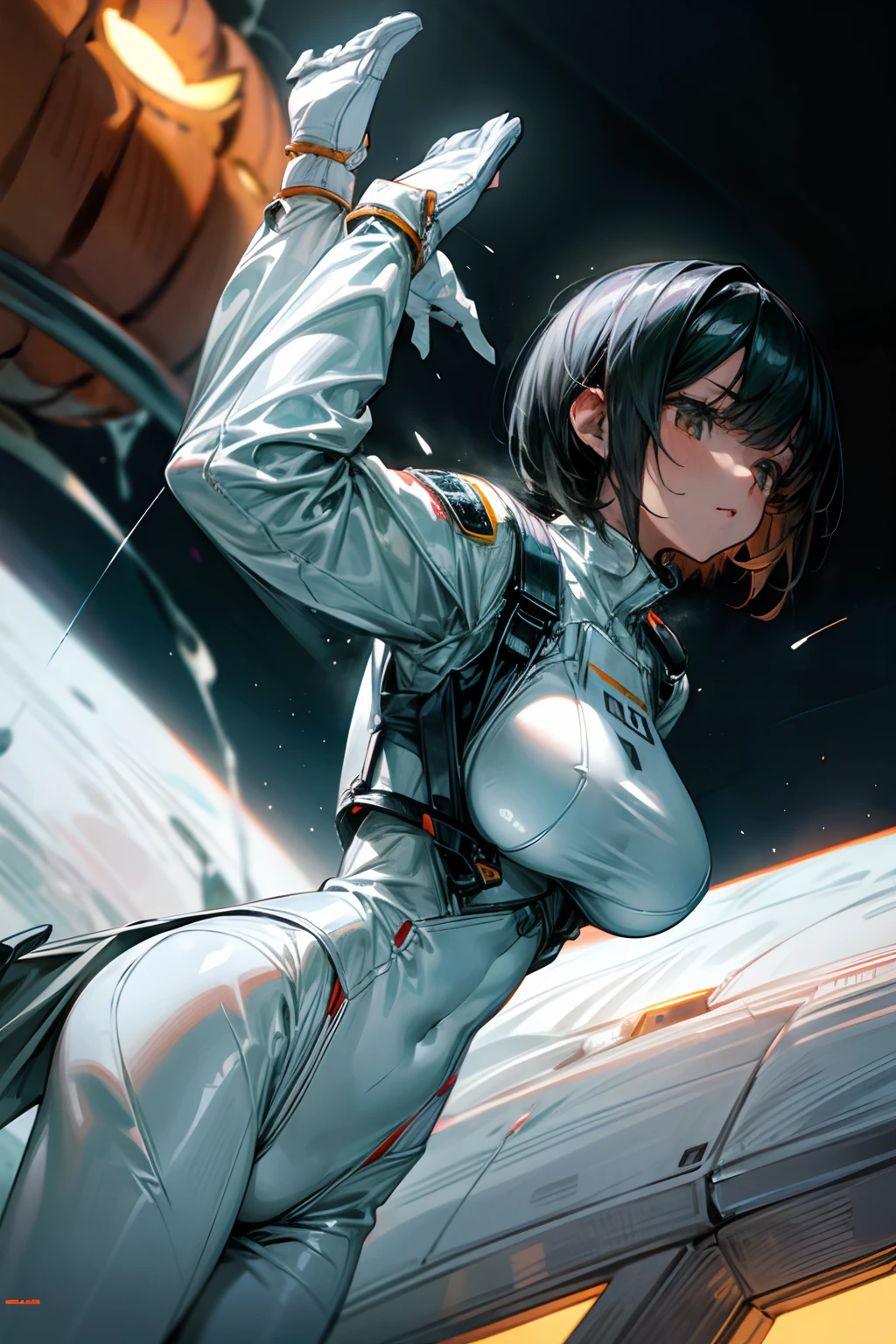 female astronaut wearing white spacesuits, Fighting Jack-o'-lantern, Field at night, fully clothed, giga_busty