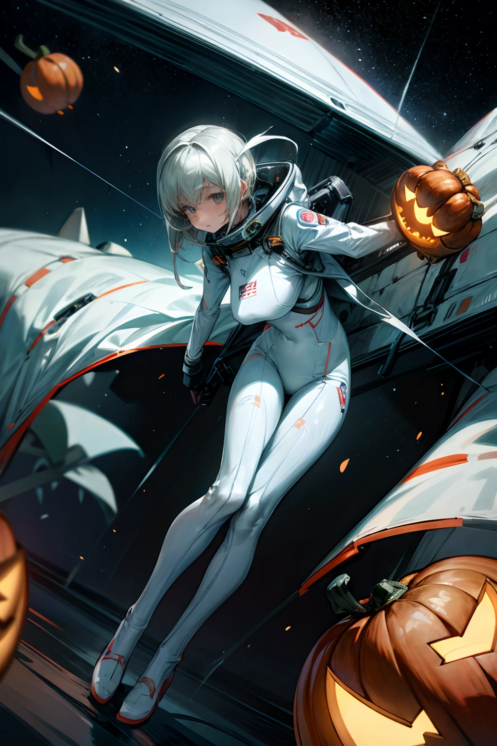 female astronaut wearing white spacesuits, Fighting Jack-o'-lantern, Field at night, fully clothed, giga_busty
