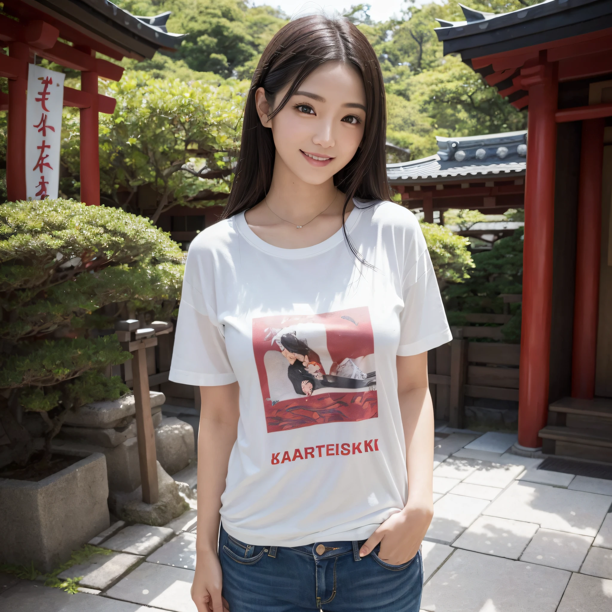 One beauty、((best qualtiy、8k masterpieces:1.3))、foco nítido:1.2、(ultra beautiful faces:1.0)、(shinny skin:1.0)、photos realistic、A dark-haired、Video Lighting、High-definition eyes and face、Video Lighting、25-year-old Japan actress、from the front side、medium breasts、Smile、Slender Abs Beauty、Whole body、Kanji for Japan「tenderness」Wearing a T-shirt、At the shrine