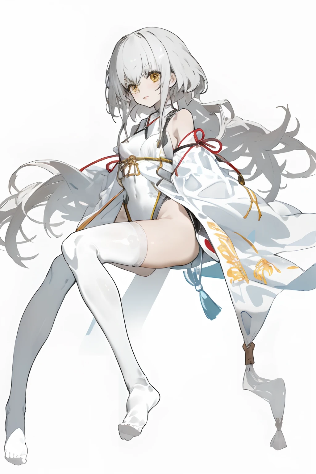 1girll,独奏,whaite hair,long whitr hair,White knee-length stockings,without wearing shoes