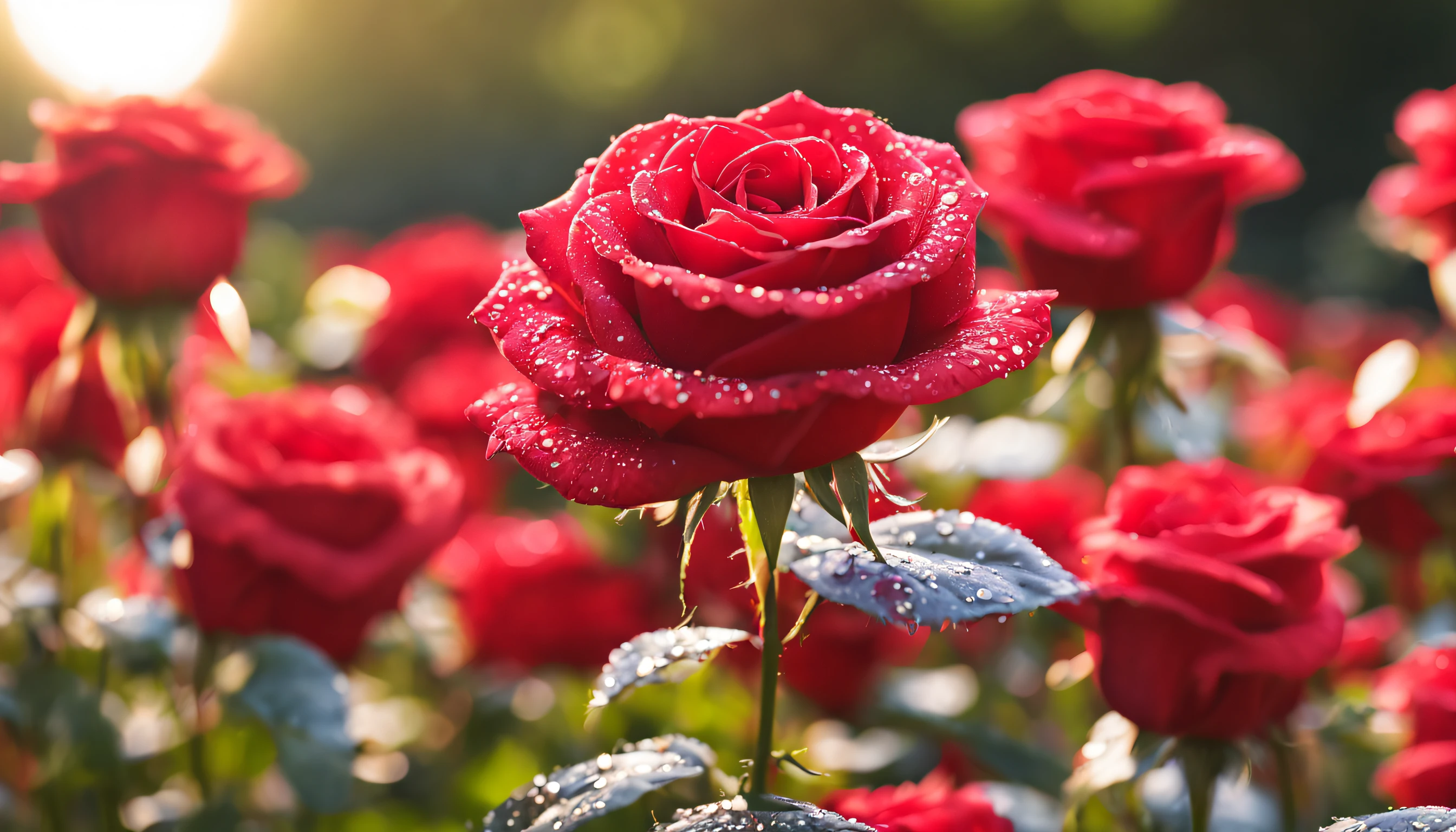 Many red color rose flowers in the garden and sunlight with bokeh, dew drops on flower petals (masterpiece, ultra quality, high resolution, 8k, intricate: 1.2), (masterpiece), (best quality:1)