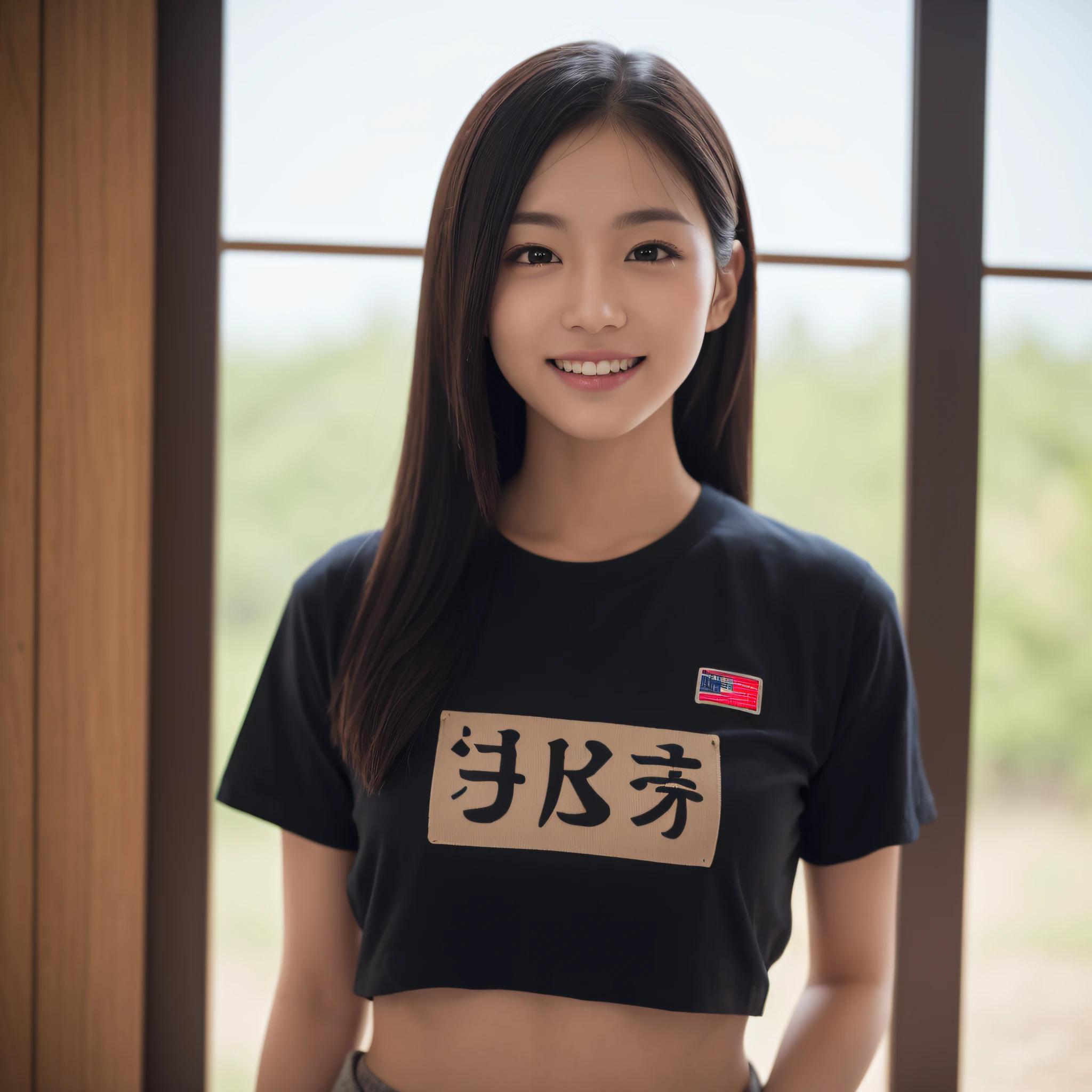 One beauty、((best qualtiy、8k masterpieces:1.3))、foco nítido:1.2、(ultra beautiful faces:1.0)、(shinny skin:1.0)、photos realistic、A dark-haired、Video Lighting、High-definition eyes and face、Video Lighting、Japanese ido、from the front side、medium breasts、Smile、Slender Abs Beauty、Whole body、Wearing a T-shirt with Japan kanji written on it、on battlefield