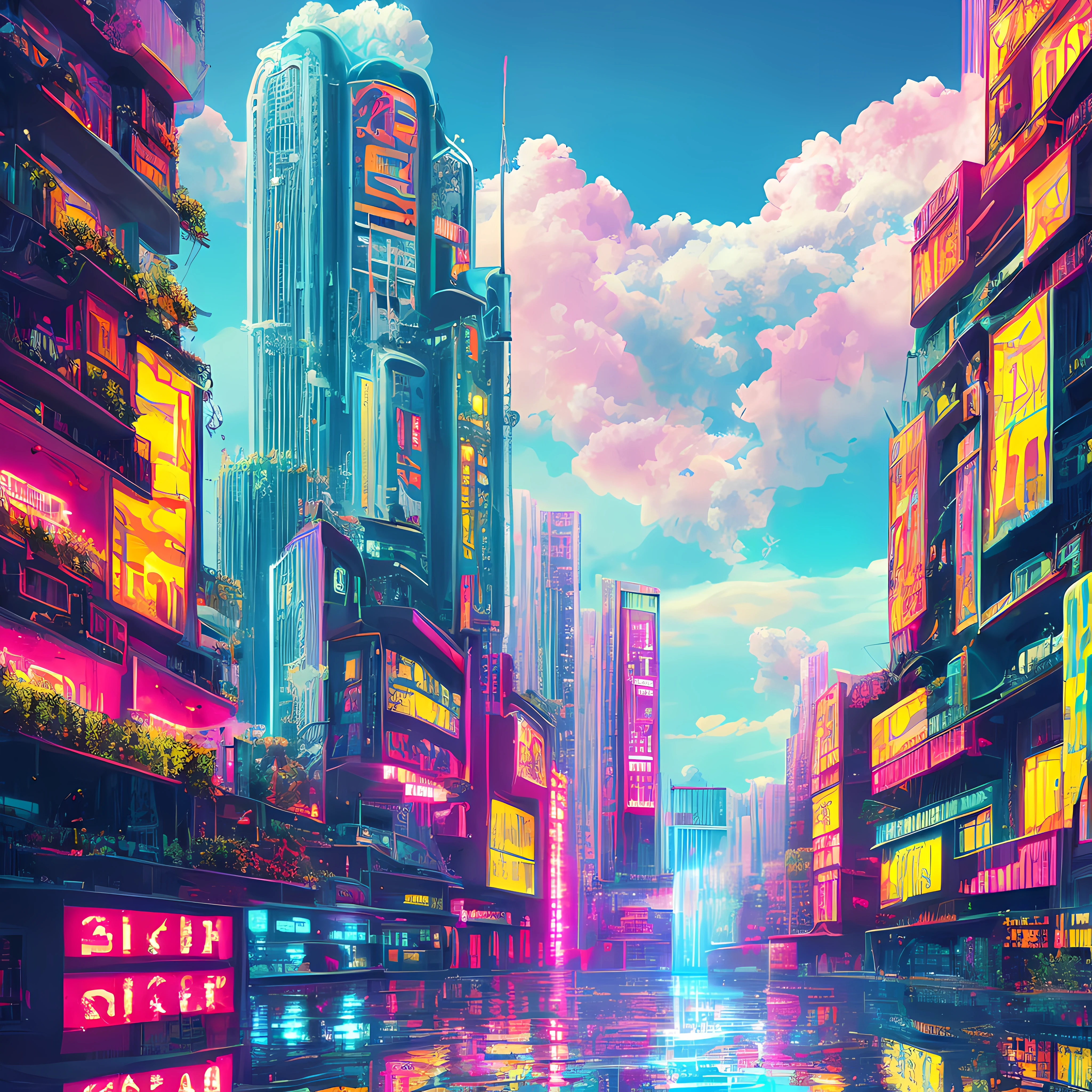 Heaven if it were cyberpunk, volumetric, neon, clouds, bright lights, angelic, beautiful scenery