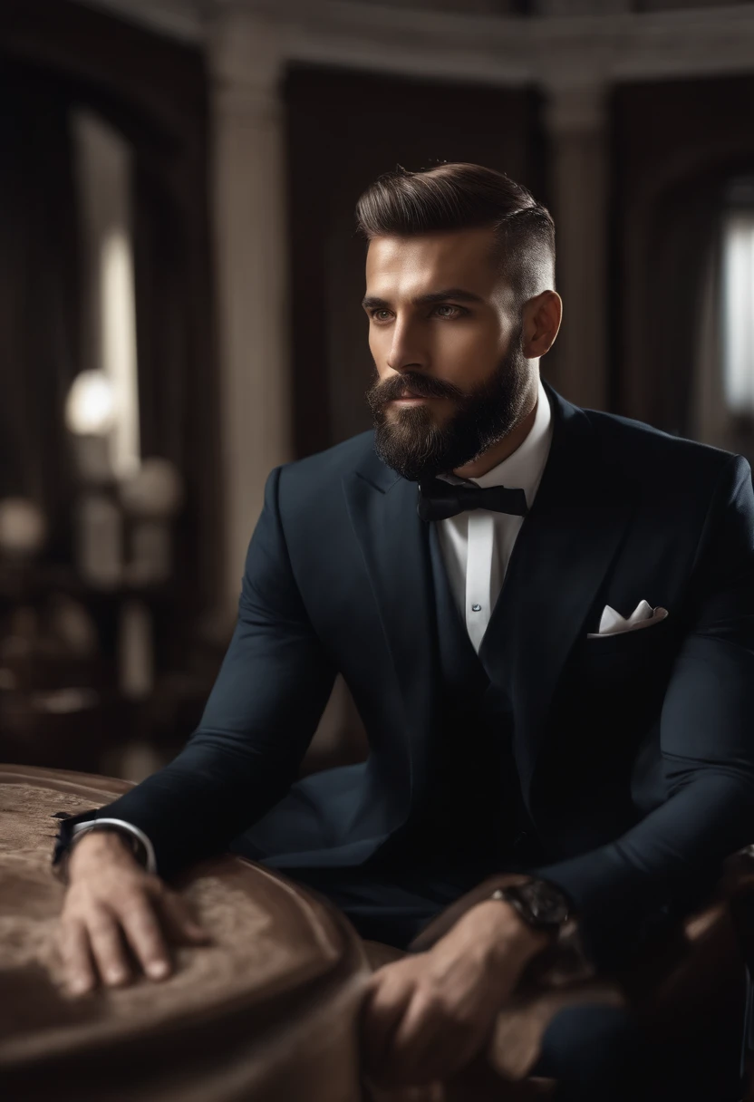 Homme en costume, un peu barbu, Wear a black business suit, Neat model, Montrer son visage, Photo de profil professionnelle, Business Wear, Office Wear, high resolucion, tmasterpiece, beste-Qualit, intricate high detail, highly detailed, mise au point nette, texture, detailled eyes, professionnel, 4K, Tournage en Canon, 85 mm, faible profondeur de champ, Vision couleur Kodak, perfect fit body, extremly detailed, photo_\(ultra\), photo realist, Post-traitement, Maximum details, roughness, real life, ultra realist, rendering, photographie, 8K UHD, photographie (grain de film)