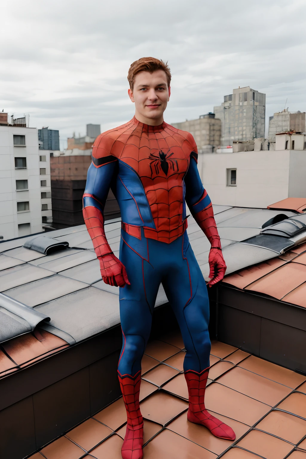 1man, solo, spider-man costume, nomask, , twink guy name (mattis fedlimid), (((brown hair, hazle eyes))) slim muscular, bulge, standing, look at viewer, low shot full body, (((rooftop background)))