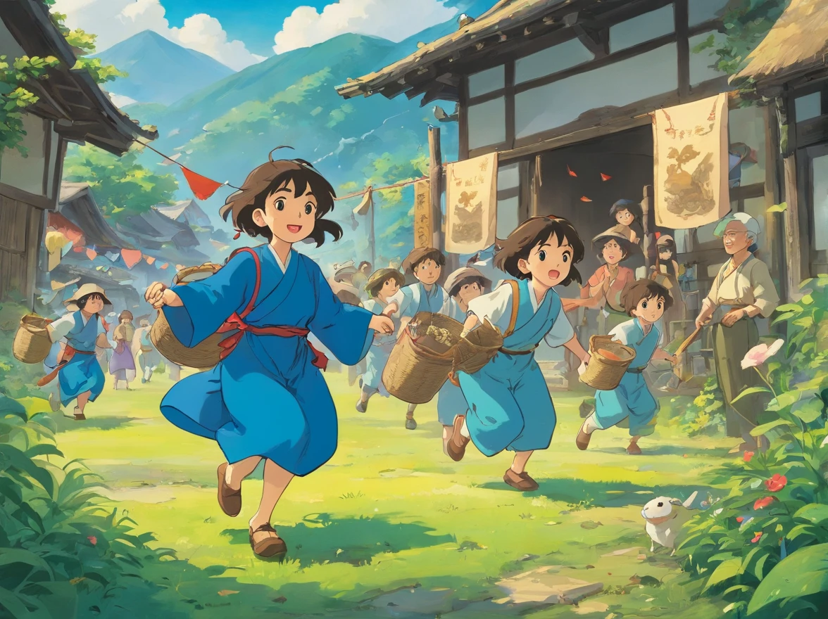 Zhuang people,group of people,Farm tools in hand,People raise bunting,Man in blue clothes,Catch frogs,There are mountains,Aritano,casa