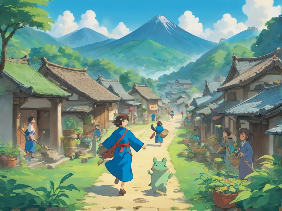 Zhuang people,group of people,Farm tools in hand,People raise bunting,Man in blue clothes,Catch frogs,There are mountains,Aritano,casa