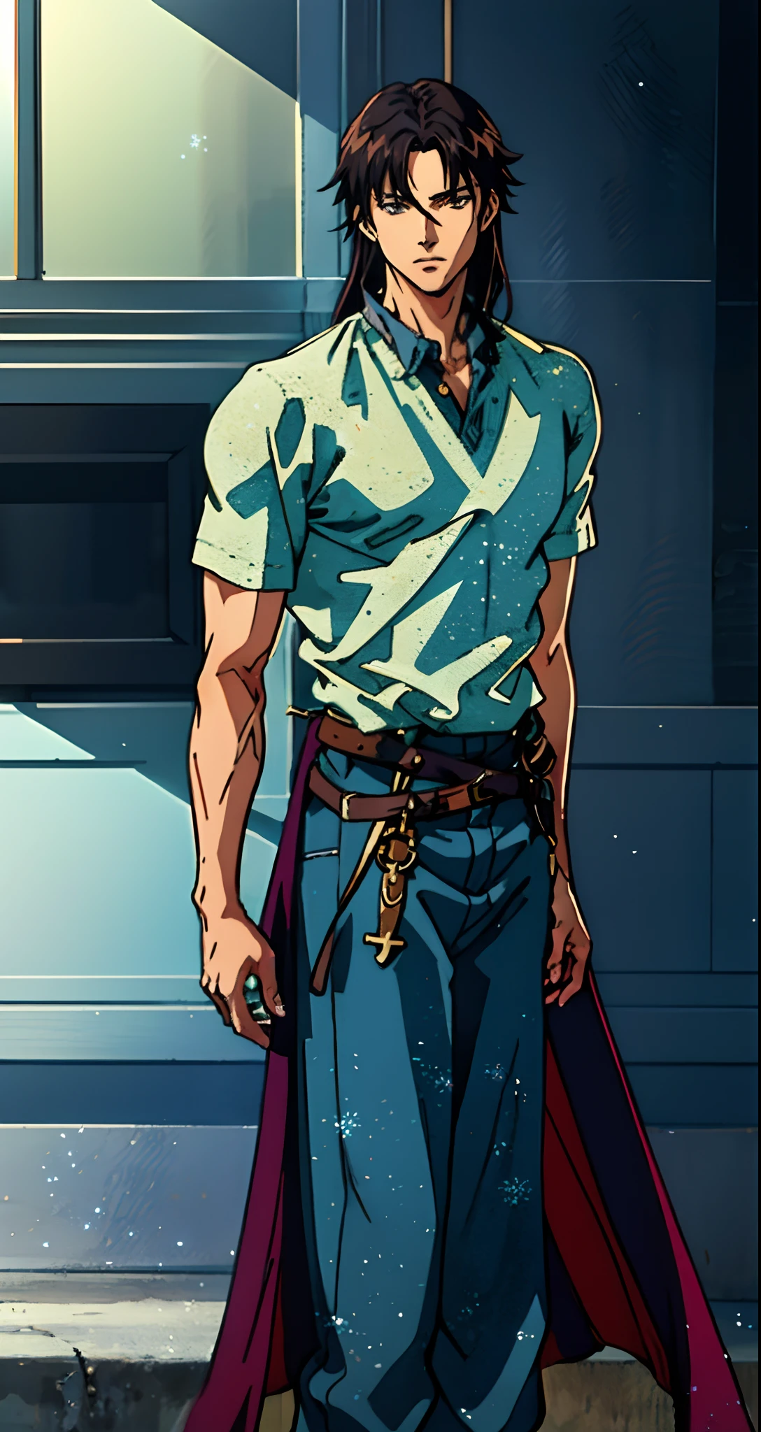 A young man with indigo long hair, long and straight hairstyle, looks up, a gentle expression, a tender gaze, a two-piece fantasy-realism style outfit, knitted shirt over a dark fitted undershirt, belted at the waist, long flowing hemline, matching trousers, the background shows a medieval fantasy-style street with snowflakes falling, this character embodies a finely crafted fantasy-realism in anime style, characterized by an exquisite and mature manga illustration art style, high definition, best quality, highres, ultra-detailed, ultra-fine painting, extremely delicate, professional, anatomically correct, symmetrical face, extremely detailed eyes and face, high quality eyes, creativity, RAW photo, UHD, 8k, Natural light, cinematic lighting, masterpiece-anatomy-perfect, masterpiece:1.5