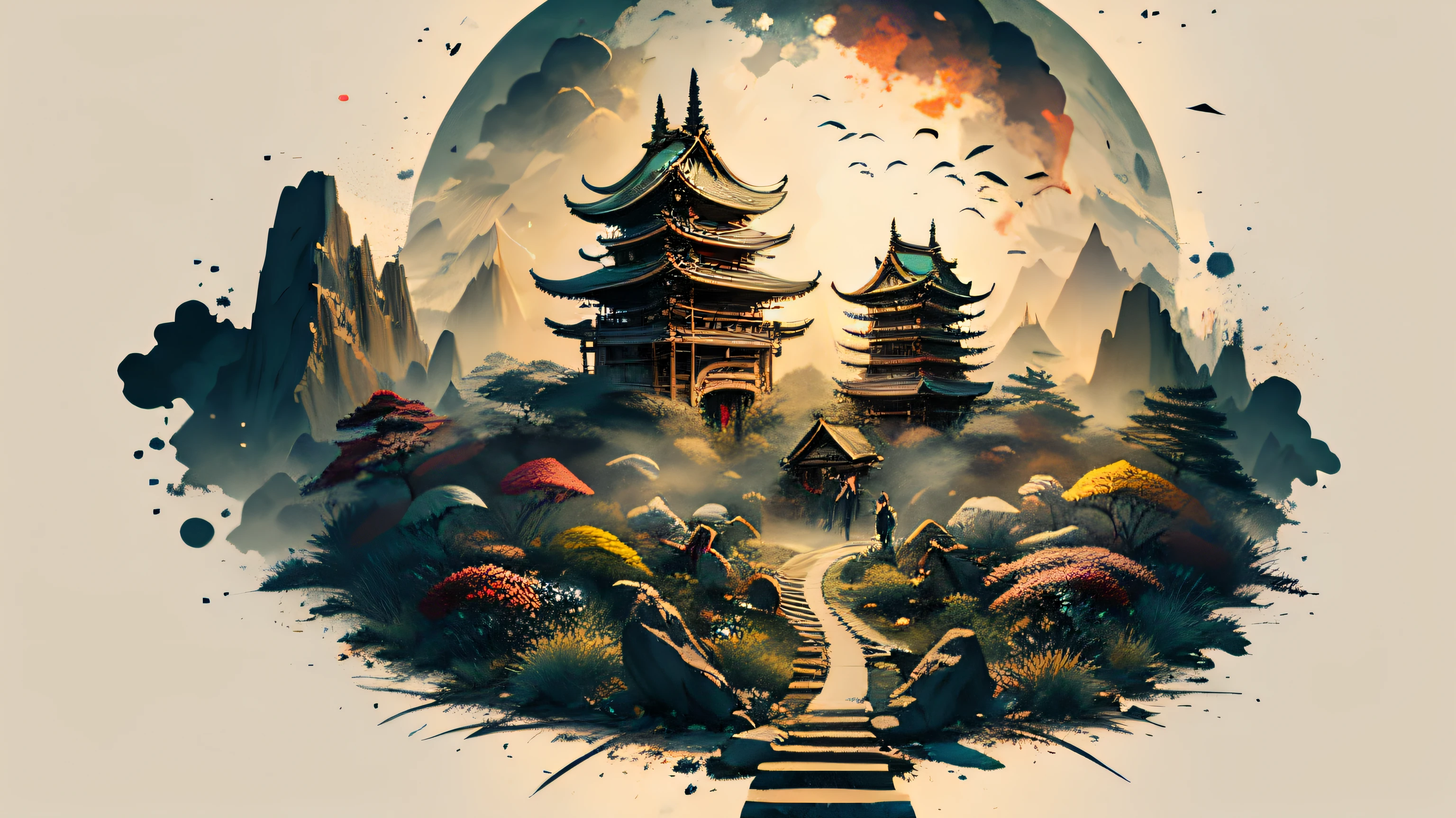 Absurd, high resolution, ultra-detailed, (1 girl:1.3), broken, design a beautiful temple scene, intricate architecture, lush gardens, and a sense of peace and spirituality. Broken, creating an image of a destructive demon with terrifying features, dark powers, and a thirst for chaos and destruction. Broken, designed with a fisheye effect image that captures a wide field of view with a unique curved viewing angle. Break to create rooftop views in urban environments with panoramic cityscapes, dramatic skylines, and a sense of elevation. Break , illustrating the tender moments between parents and children, capturing their bonds, love, and connection. Broken, using pointillism to illustrate images, carefully placed tiny dots of color to create a cohesive and visually stunning whole.