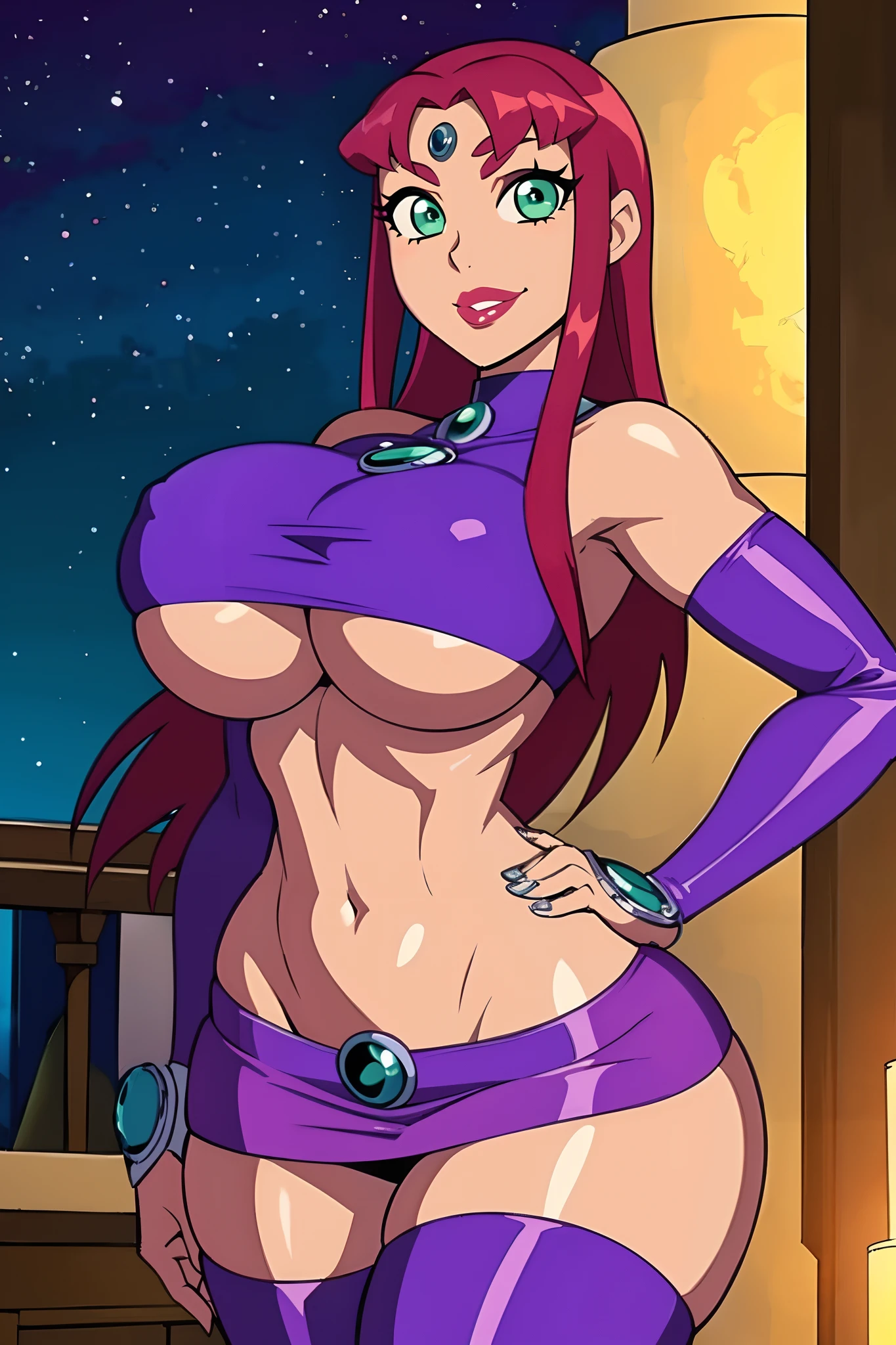 titans, Starfire, anime, masterpiece, 1girl, ((bimbo))), smile face, green eyes, long red hair, puffy lips, painted lips, thick lips, wide hips, thick thigh, big breast, huge ass, shiny skin, purple skirt, purple top, posing Preparing