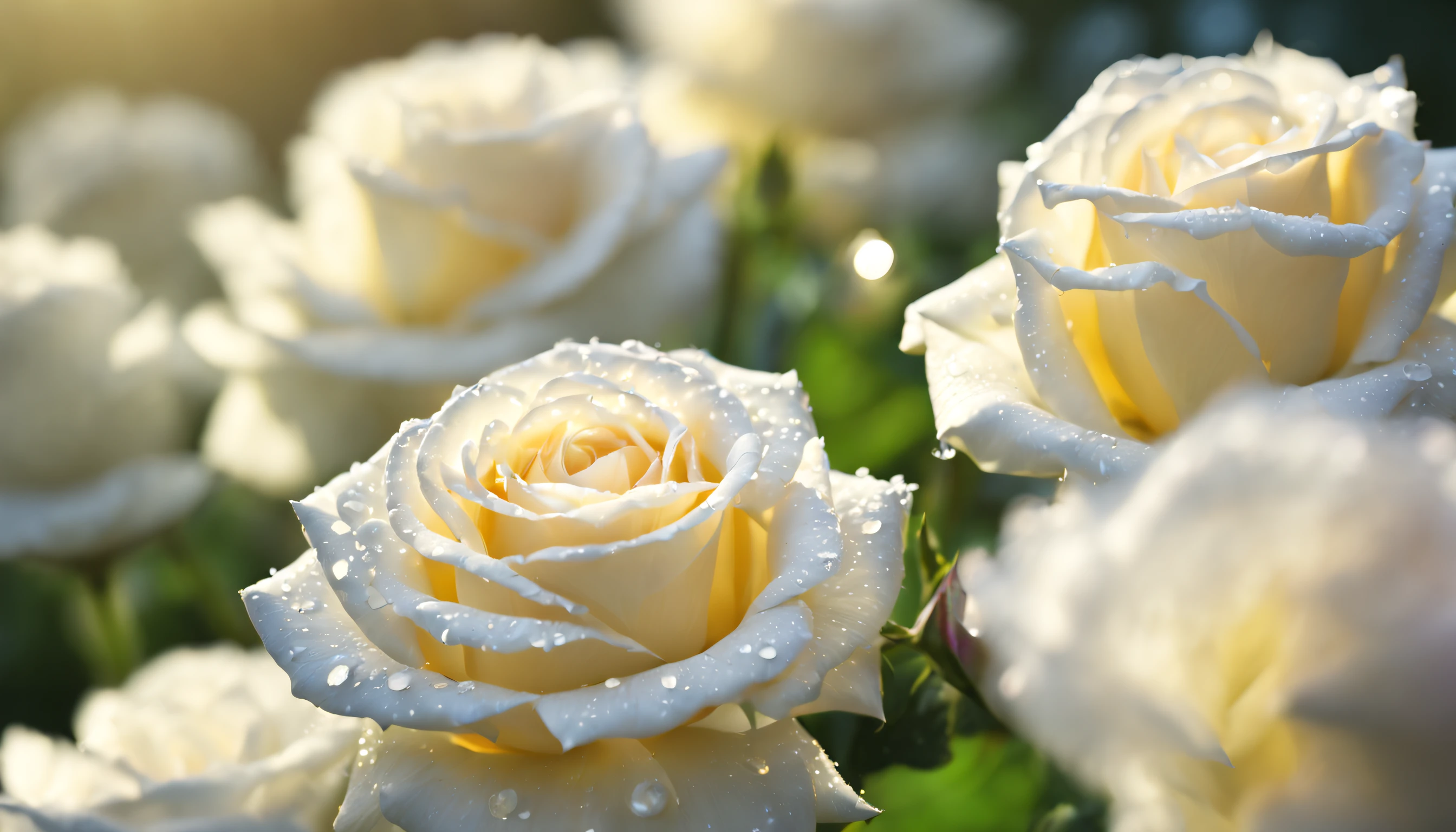 Many white color rose flowers in the garden and sunlight with bokeh, dew drops on flower petals (masterpiece, ultra quality, high resolution, 8k, intricate: 1.2), (masterpiece), (best quality:1)