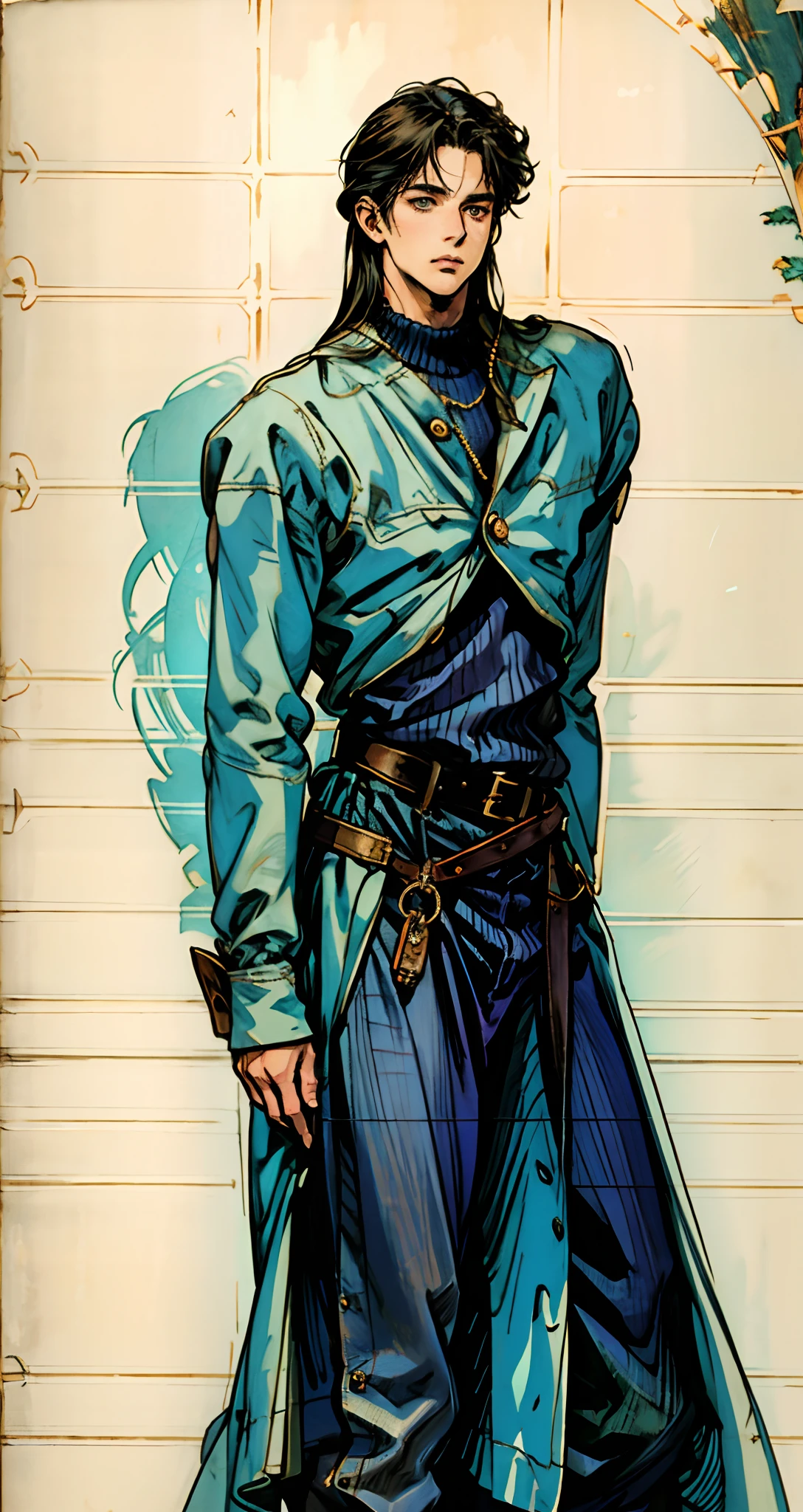 A young man with indigo long hair, long and straight hairstyle, looks up, a gentle expression, a tender gaze, a two-piece fantasy-realism style outfit, knitted shirt over a dark fitted undershirt, belted at the waist, long flowing hemline, matching trousers, the background shows a medieval fantasy-style street with snowflakes falling, this character embodies a finely crafted fantasy-realism in anime style, characterized by an exquisite and mature manga illustration art style, high definition, best quality, highres, ultra-detailed, ultra-fine painting, extremely delicate, professional, anatomically correct, symmetrical face, extremely detailed eyes and face, high quality eyes, creativity, RAW photo, UHD, 8k, Natural light, cinematic lighting, masterpiece-anatomy-perfect, masterpiece:1.5