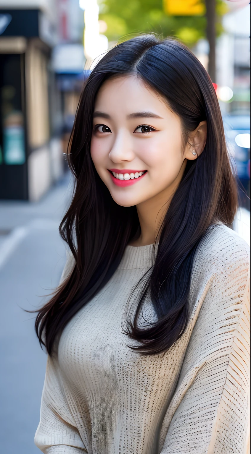 (8k, RAW photos, highest quality, high resolution:1.1), (hyperrealistic:1.4),(realistic, photorealistic:1.3), soft light,realistic face,realistic body,realistic skin,absurdity,masterpiece,(cute:1.8),(long black hair,half-up,hairpin),(big breasts:1.2),detailed black eyes,innocent eyes,drooping eyes,(smiling eyes:0.6) ,(grin:1.2),teardrop,open lips,grinning,blusher,good style,cami sweater dress,dolman sleeve sweater,cinema lights,film grain,closeup,look viewer,full body,depth of field,blurred background,eye focus,young,85mm lens, f/1.4,professional lighting,portrait,photon mapping,radiosity, physical rendering, transparency, Japan girl, day, sunny, street corner, survey
