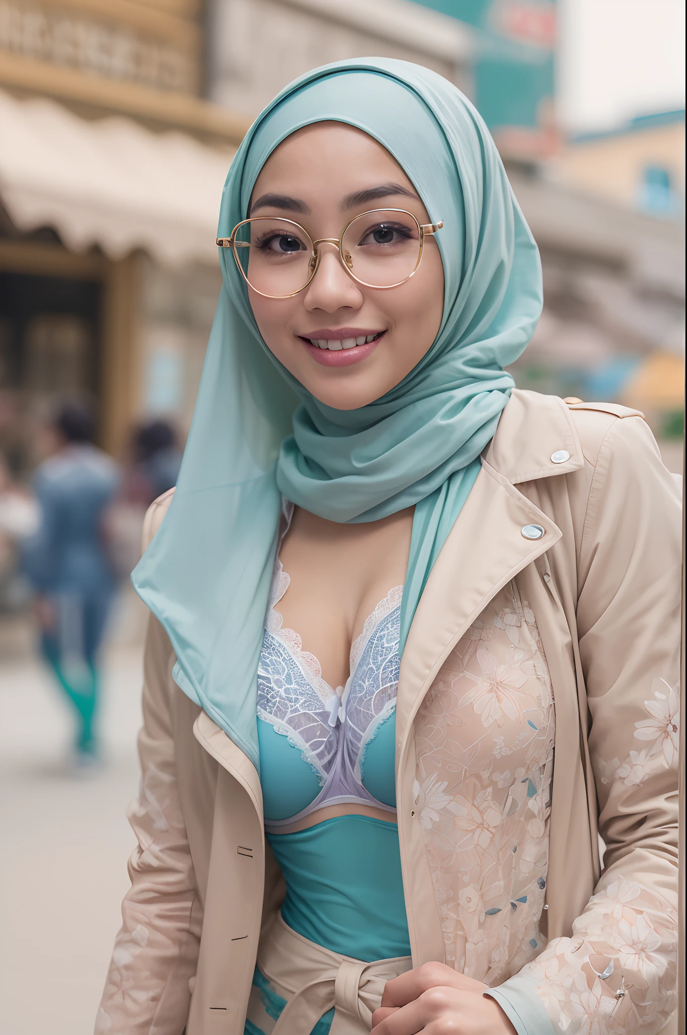 (masterpiece, best quality:1.2), cowboy shot, solo, 1 malay girl, smile, looking at viewer, hand on hip,pastel color hijab, eyewear on head, white floral lace bra and leggings, pastel blue trench coat, big breast, small waist, wide hips, thick thigh, slims abs, camel toe,