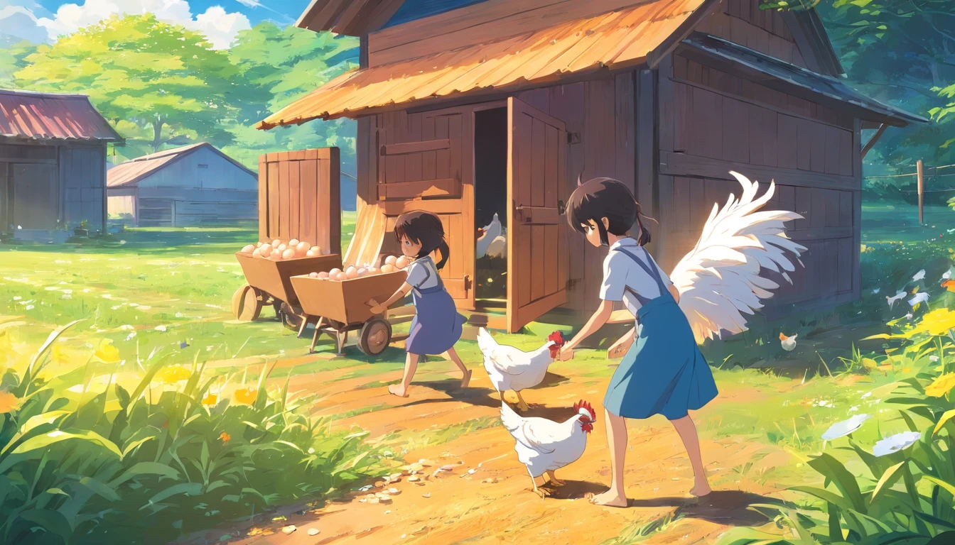 The children are collecting eggs from the chicken coop.