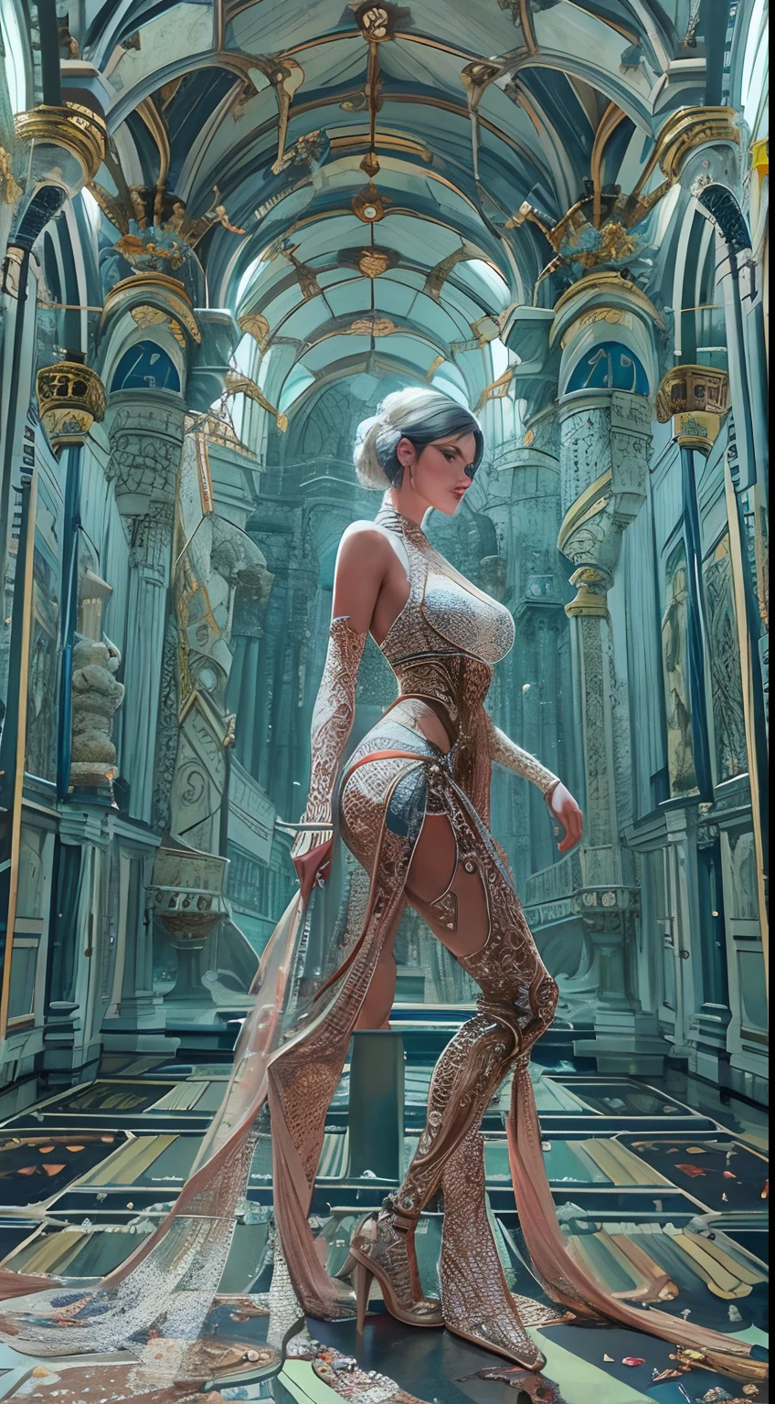 (La mejor calidad,4k,8k,Altas Resoluciones,Obra maestra:1.2),Ultra detallado,(realista,fotorrealista,fotorrealista:1.37),retrato,Ciencia, Beautiful woman Angel of Death, Biomechanical robot, lente simulada de 150 mm, hermosa luz natural de borde suave, neon veins, roots, delicado encaje de hojas, detalles coloridos, traje de Boris Bidjan Saberi, pendientes de perlas, piercings, bordados de moda art nouveau, detalles intrincados, Mesh lines, fractales de Mandelbrot, facial muscles, cables, microchips, villanos, surrealistas, ultradetallados, octanaje, volumetric illumination, 8K and post-production, rojo El blanco tiene un poco de negro, Detalles de esqueleto de metal, Mitad humano, Iridiscente, Estilo Glenn Brown, futuristic room, Poder de Dios, High Angle Shot, Poses corporales complejas