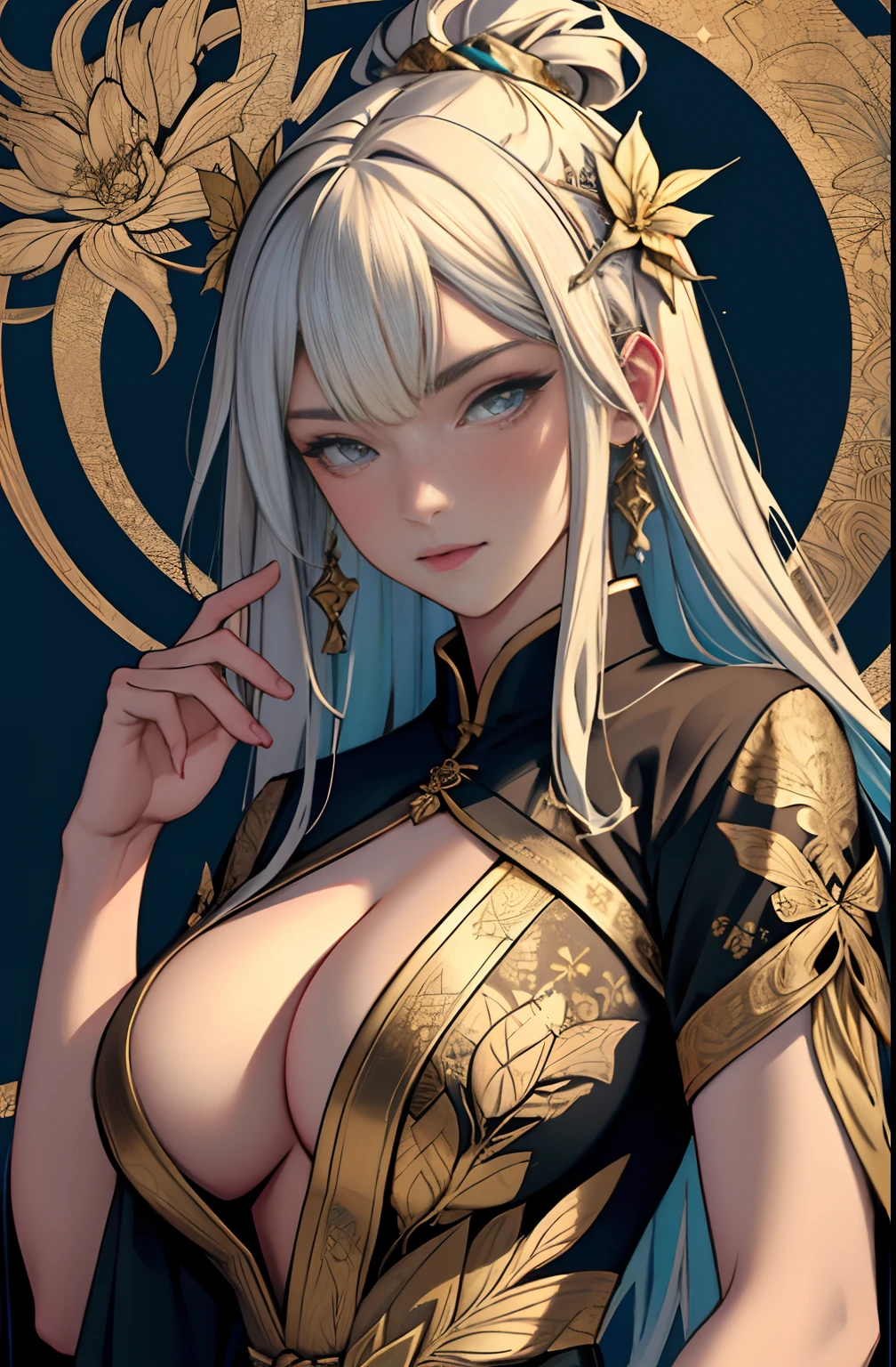 （tmasterpiece，top Quority，best qualtiy，offcial art，Beautiful and aesthetic：1.2），（1girll），Extremely detailed，Colorful，highestdetailed，offcial art，统一 8k 壁纸，ultra - detailed，Beautiful and aesthetic，big breasts beautiful，tmasterpiece，best qualtiy，（zentangle，datura，Tangles，entangled），holy rays，gold foil，Gold leaf art，glitter drawing，PerfectNwsjMajic，delicated face，Elaborate Eyes