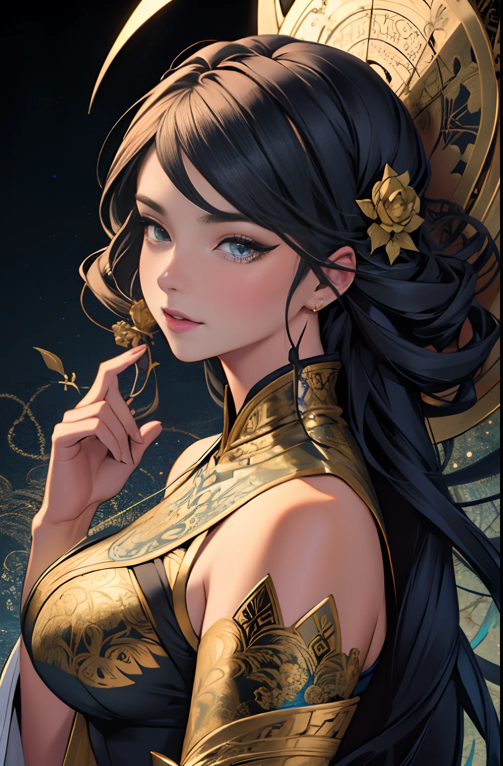 （tmasterpiece，top Quority，best qualtiy，offcial art，Beautiful and aesthetic：1.2），（1girll），Extremely detailed，Colorful，highestdetailed，offcial art，统一 8k 壁纸，ultra - detailed，Beautiful and aesthetic，big breasts beautiful，tmasterpiece，best qualtiy，（zentangle，datura，Tangles，entangled），holy rays，gold foil，Gold leaf art，glitter drawing，PerfectNwsjMajic，delicated face，Elaborate Eyes