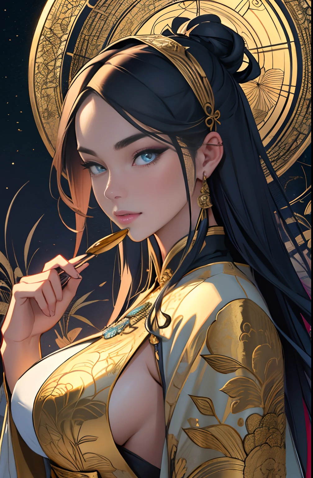 (tmasterpiece,top Quority,best qualtiy,offcial art,Beautiful and aesthetic:1.2),(1girll),Extremely detailed,Colorful,highestdetailed,offcial art,统一 8k 壁纸,ultra - detailed,Beautiful and aesthetic,big breasts beautiful,tmasterpiece,best qualtiy,(zentangle,datura,Tangles,entangled),holy rays,gold foil,Gold leaf art,glitter drawing,PerfectNwsjMajic,delicated face,Elaborate Eyes