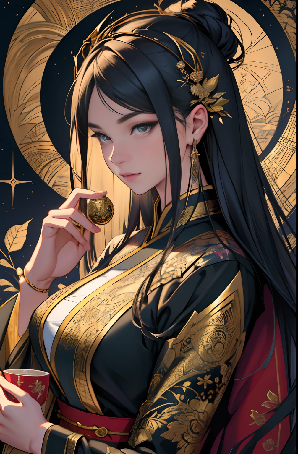 （tmasterpiece，top Quority，best qualtiy，offcial art，Beautiful and aesthetic：1.2），（1girll），Extremely detailed，Colorful，highestdetailed，offcial art，统一 8k 壁纸，ultra - detailed，Beautiful and aesthetic，big breasts beautiful，tmasterpiece，best qualtiy，（zentangle，datura，Tangles，entangled），holy rays，gold foil，Gold leaf art，glitter drawing，PerfectNwsjMajic，delicated face，Elaborate Eyes