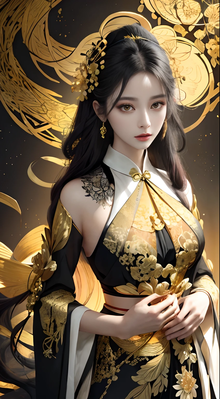 （tmasterpiece，top Quority，best qualtiy，offcial art，Beautiful and aesthetic：1.2），（1girll），Extremely detailed，Colorful，highestdetailed，offcial art，统一 8k 壁纸，ultra - detailed，Beautiful and aesthetic，big breasts beautiful，tmasterpiece，best qualtiy，（zentangle，datura，Tangles，entangled），holy rays，gold foil，Gold leaf art，glitter drawing，PerfectNwsjMajic，delicated face，Elaborate Eyes