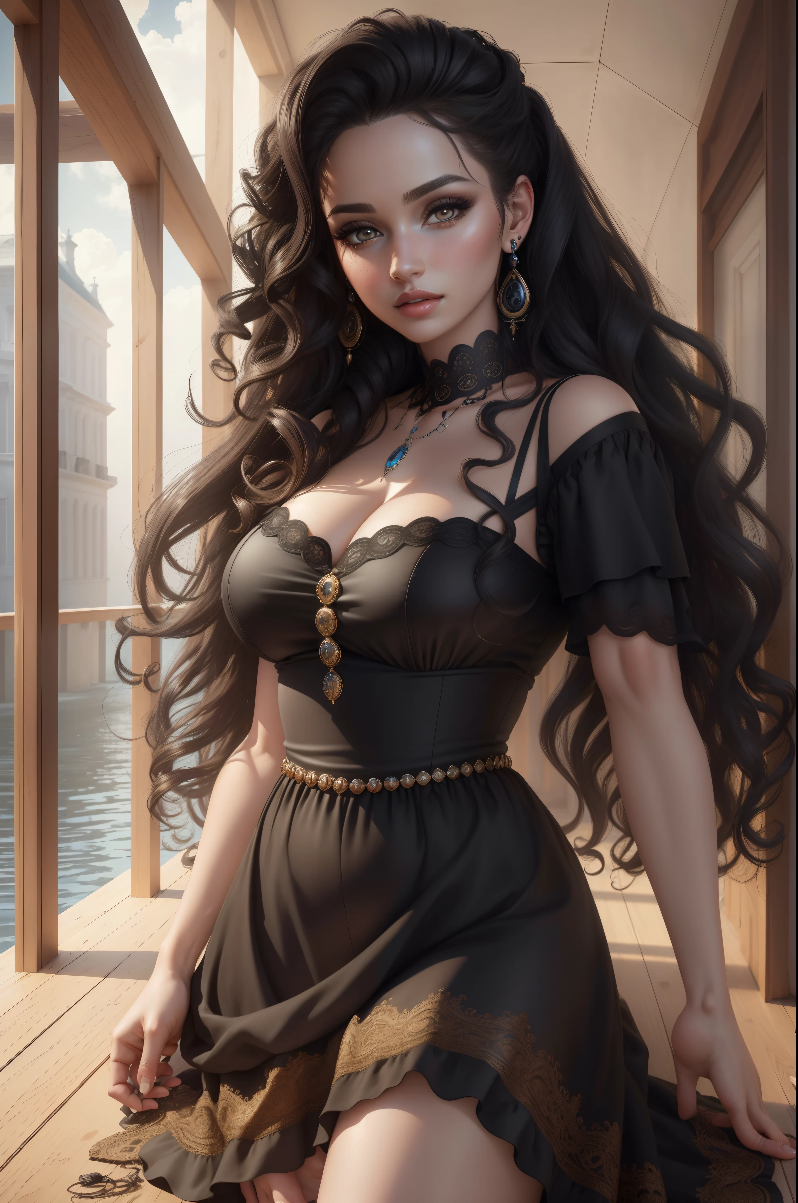 (best quality,4k,8k,highres,masterpiece:1.2),ultra-detailed,(realistic,photorealistic,photo-realistic:1.37),DigiArt Style,looking at viewer,full body,digital art,1girl,solo,long curly hair,black hair,azur eyes,earrings,full lips,eyelashes,makeup