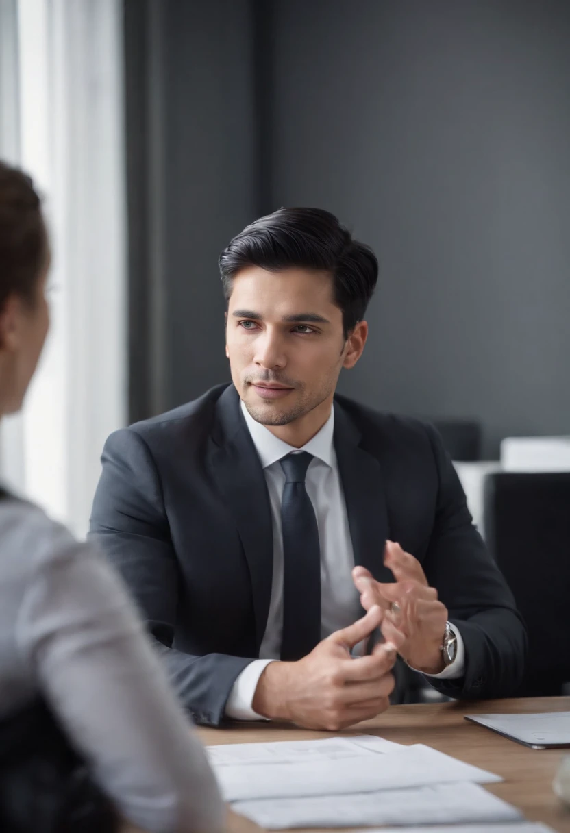 one business man , black hair ,in office, female co-workers