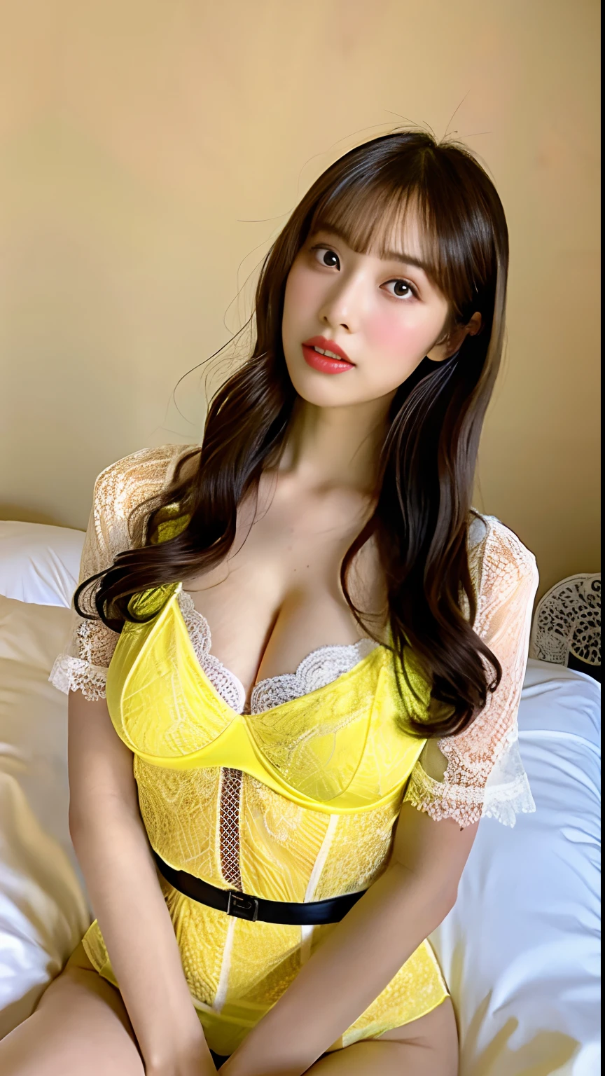 of the highest quality, One beautiful woman, Wearing yellow lace lingerie, Cowboy Shot, (White background: 1.3), Colossal tits, on the beds
