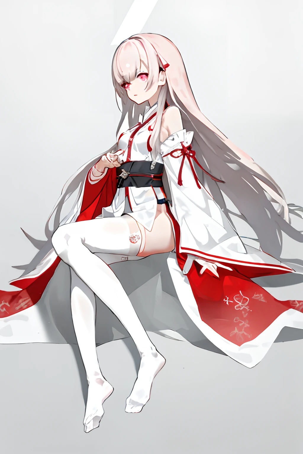 1girll,独奏,whaite hair,long whitr hair,White knee-length stockings,without wearing shoes
