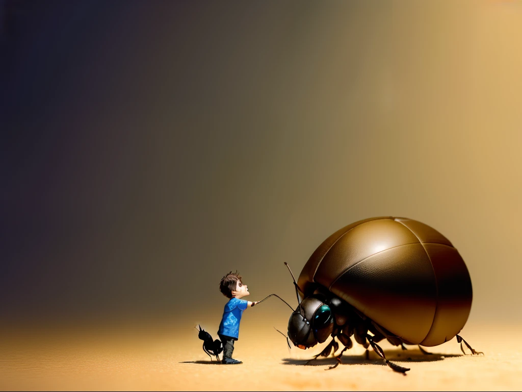 A little boy magically shrinks to a size not beyond a normal ant in front of a cockroach that seems to be enormous
