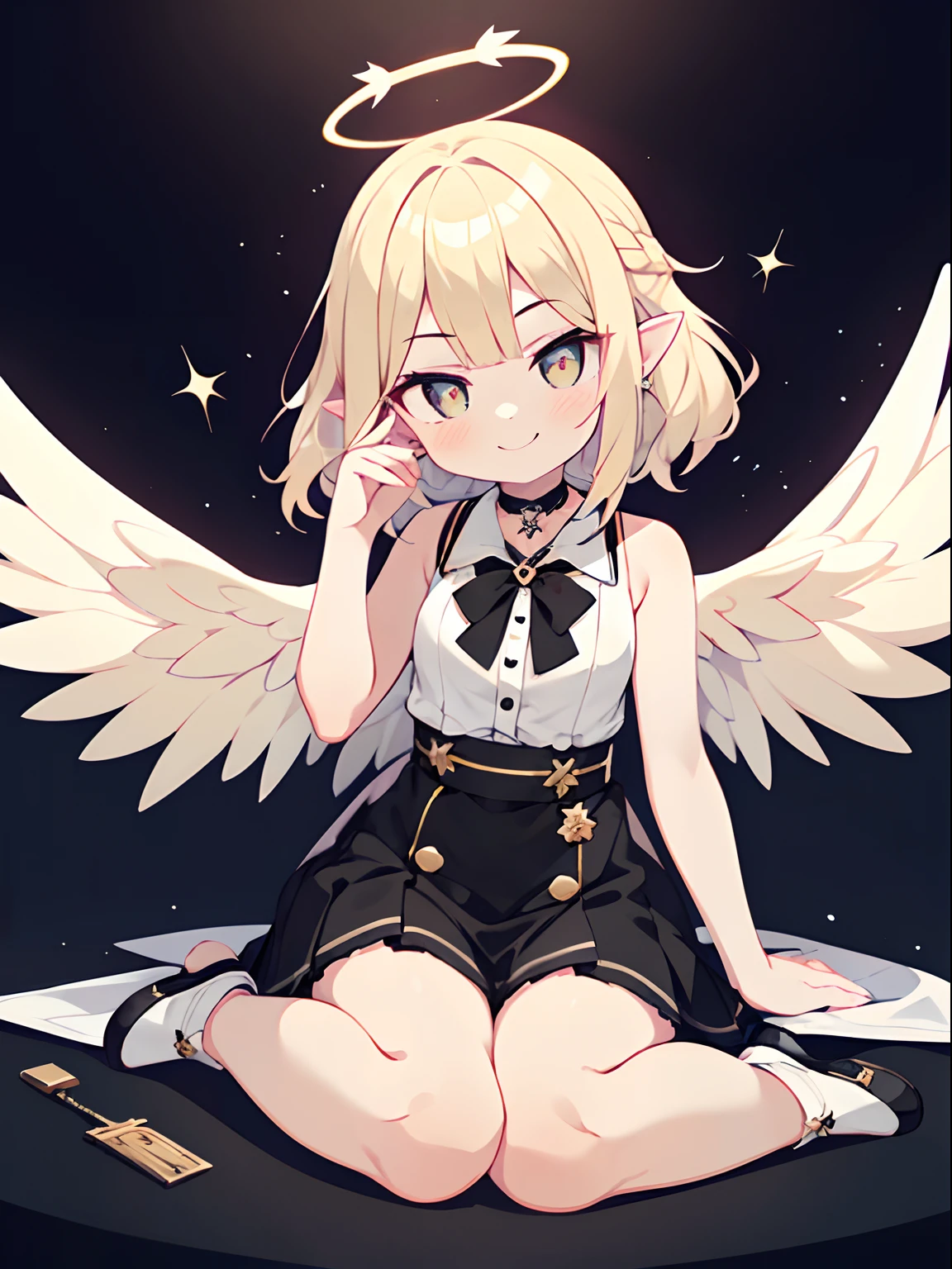 best quality, ultra high res, 1girl, sleeveless white button shirt, black skirt, black choker, cute, (Kpop idol), (aegyo sal:1), (platinum blonde hair:1), ((puffy eyes)), looking at viewer, full body, facing front, angel wings, large halo, smirk,