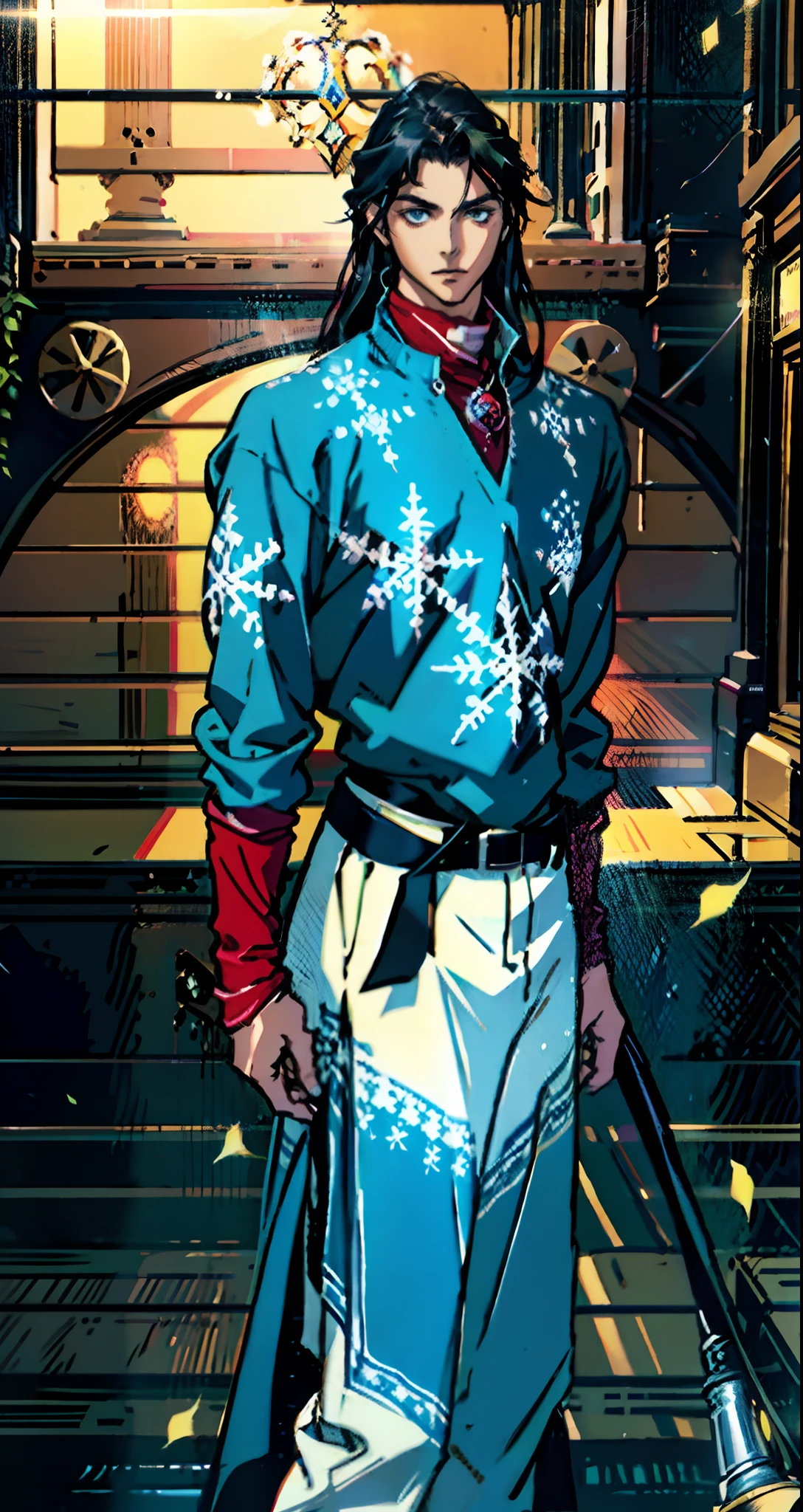 A young man with indigo long hair, long and straight hairstyle, looks up, a gentle expression, a tender gaze, a two-piece fantasy-realism style outfit, knitted shirt over a dark fitted undershirt, belted at the waist, long flowing hemline, matching trousers, the background shows a medieval fantasy-style street with snowflakes falling, this character embodies a finely crafted fantasy-realism in anime style, characterized by an exquisite and mature manga illustration art style, high definition, best quality, highres, ultra-detailed, ultra-fine painting, extremely delicate, professional, anatomically correct, symmetrical face, extremely detailed eyes and face, high quality eyes, creativity, RAW photo, UHD, 8k, Natural light, cinematic lighting, masterpiece-anatomy-perfect, masterpiece:1.5