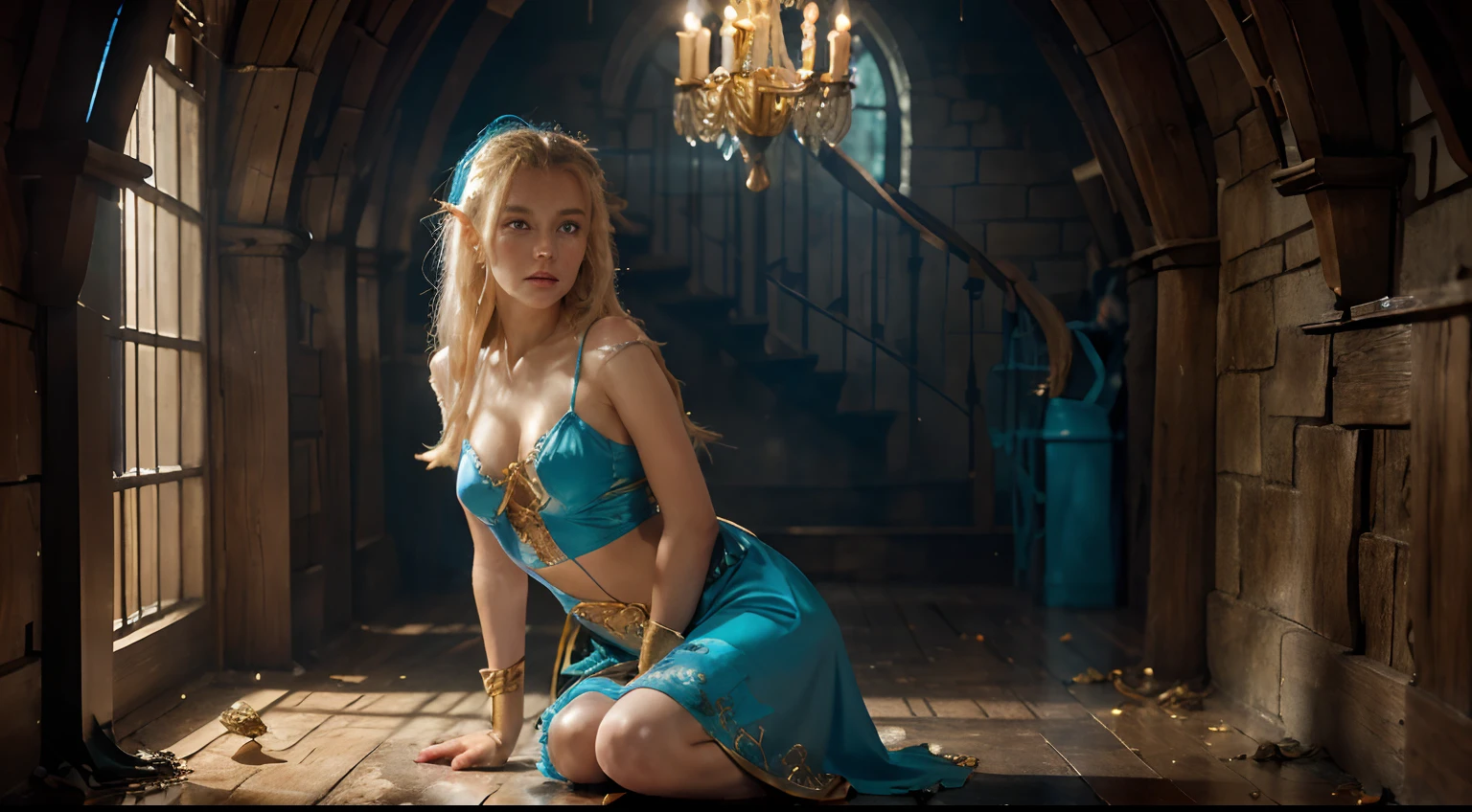 (1 girl) Blonde Elf. Cyan eyes. (elf ears)(golden long curly hair, scattered in a mess:1.1). (Ripped blue dress with gold embroidery). high-heeled shoes. Detailed eyes and face, delicate features. , (Sexy). Tired. Posture of Readiness for Protection. (Standing in the middle of a dungeon with a wooden staff in his hand)(Sticky puddles and drops on the walls). light mist. Fantasy theme,. dramatic  lighting. higly detailed. full-length photo.