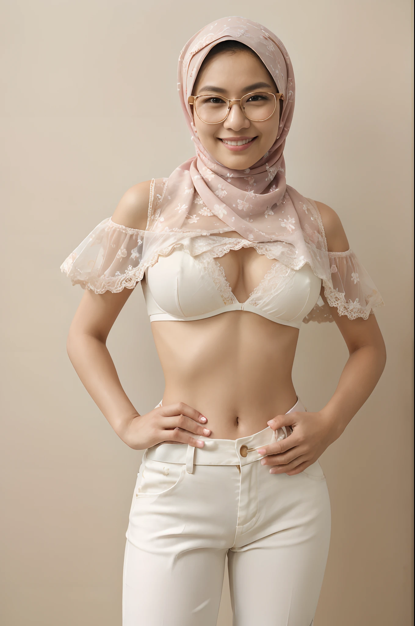 (masterpiece, best quality:1.2), cowboy shot, solo, 1 malay girl, smile, looking at viewer, hand on hip,pastel color hijab, eyewear on head, white floral lace bra, High Waist Plicated Detail white Suit Pants
