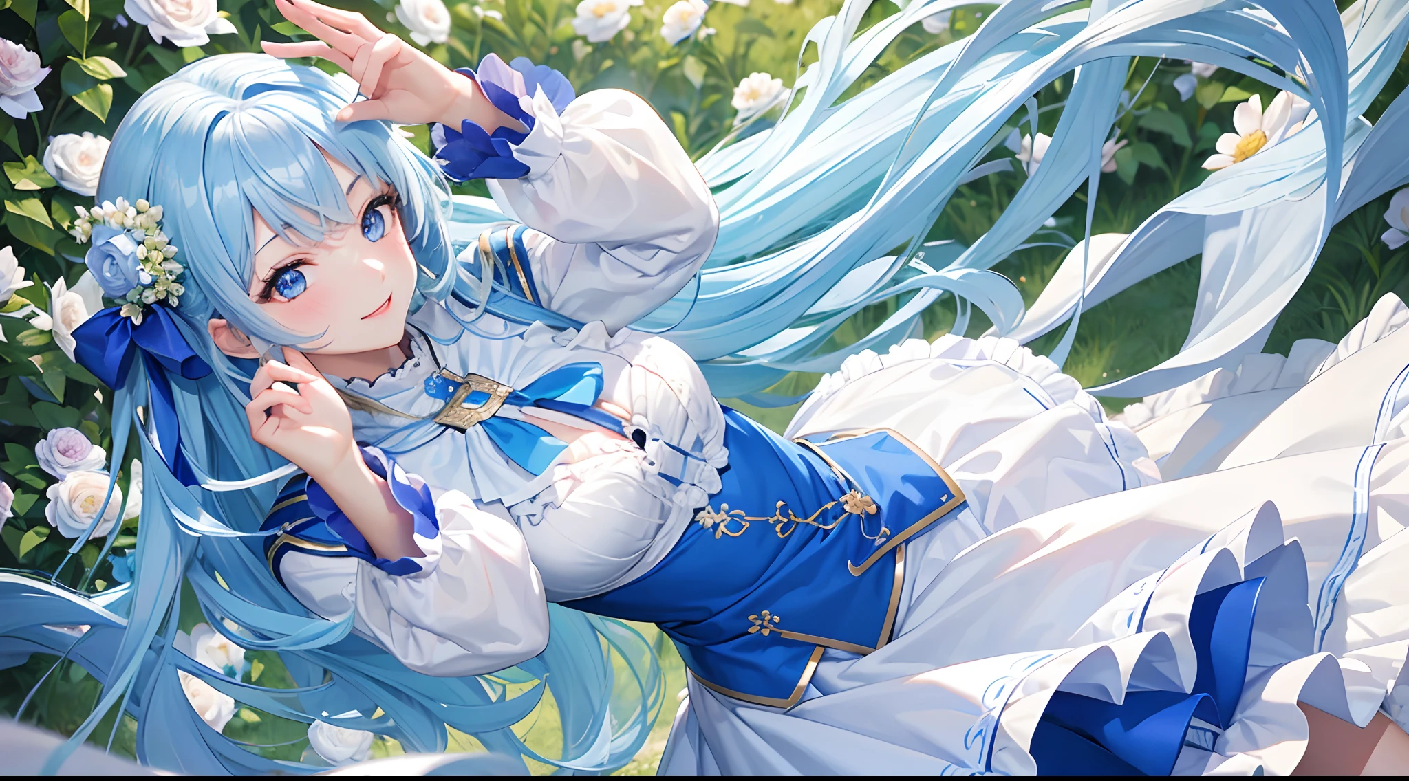 Best Quality, tmasterpiece, Cute girl at 18 years old, long light blue shiny hair, e Blue Eyes, flower field,Dynamism,dance, Gentle face,kindly smile, Wearing a floral long-sleeved ruffled blouse, Show your upper body, Shining sunlight,