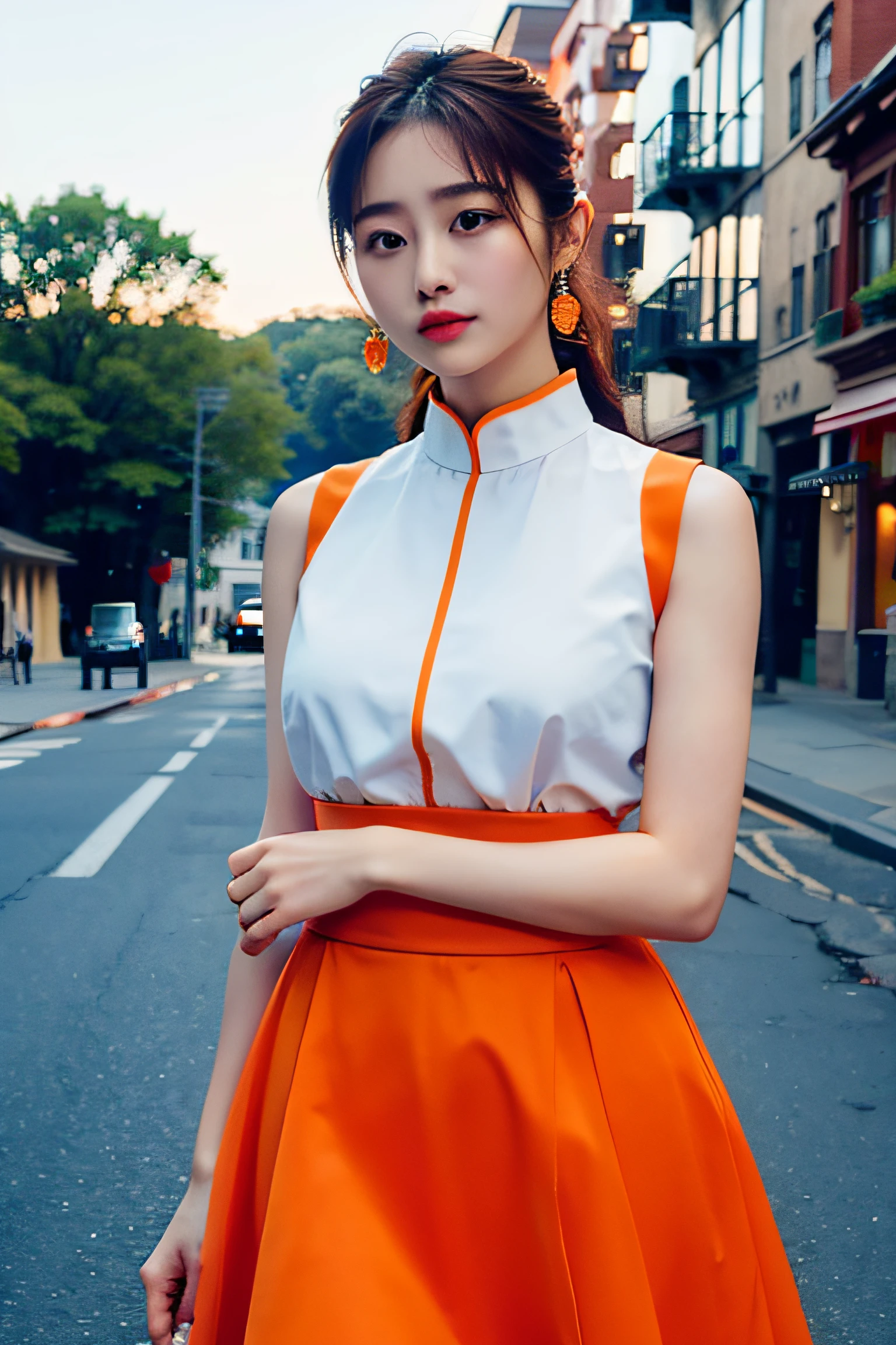 Woman posing on street corner in bright colored dress、top-quality、hight resolution、8K、女の子 1 a person、(huge-breasted)、during the day、with light glowing、outside of house、(Street:0.8)、(a person々、Large crowds:1)、(Ren Hao) - Trimmed dresses:1.5、Light orange clothing:1.5、Orange High Neck Dress:1.5、Sleeveless dress、doress:1.5)、a gorgeous、(Medium Hair)、Beautiful detailed sky、earring beautiful、(dynamicposes:0.8)、 (The upper part of the body:1.2)、Soft lighting、the wind、luslous skin、line of sight、