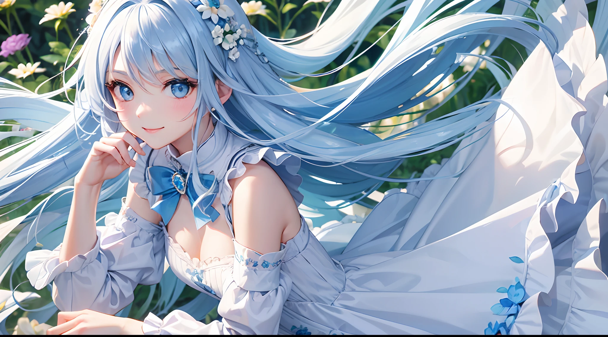 Best Quality, tmasterpiece, Cute girl at 18 years old, long light blue shiny hair, e Blue Eyes, flower  field,Dynamism,dance, Gentle face,kindly smile, Wearing a floral long-sleeved ruffled blouse, Show your upper body, Shining sunlight,