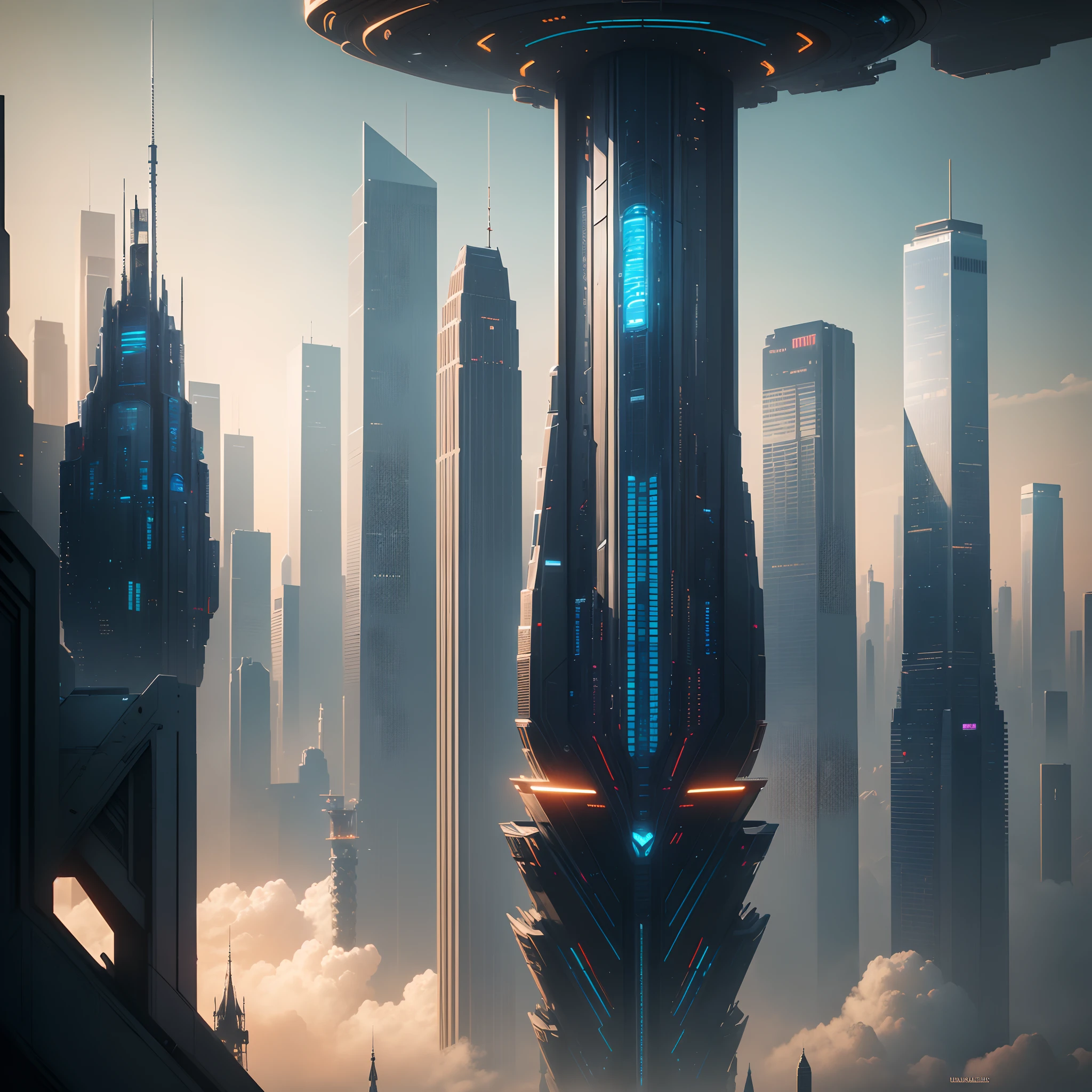 (Best Quality, 8K, Ultra-detailed:1.2), Futuristic cityscape of towering skyscrapers, Cyberpunk, Sci-Fi Art, Earth, A futuristic world, masutepiece, Glass skyscraper, Imaginative, 10 times taller buildings, Vivid colors, Dramatic Lighting