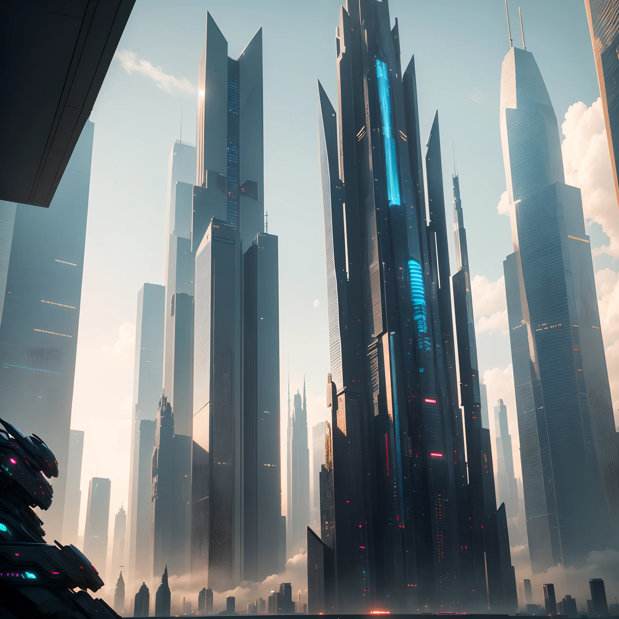 (best quality, 8k, ultra-detailed:1.2), futuristic cityscape with towering skyscrapers, cyberpunk, sci-fi art, Earth, future world, masterpiece, glass-covered skyscrapers, imaginative, buildings 10 times taller, vivid colors, dramatic lighting